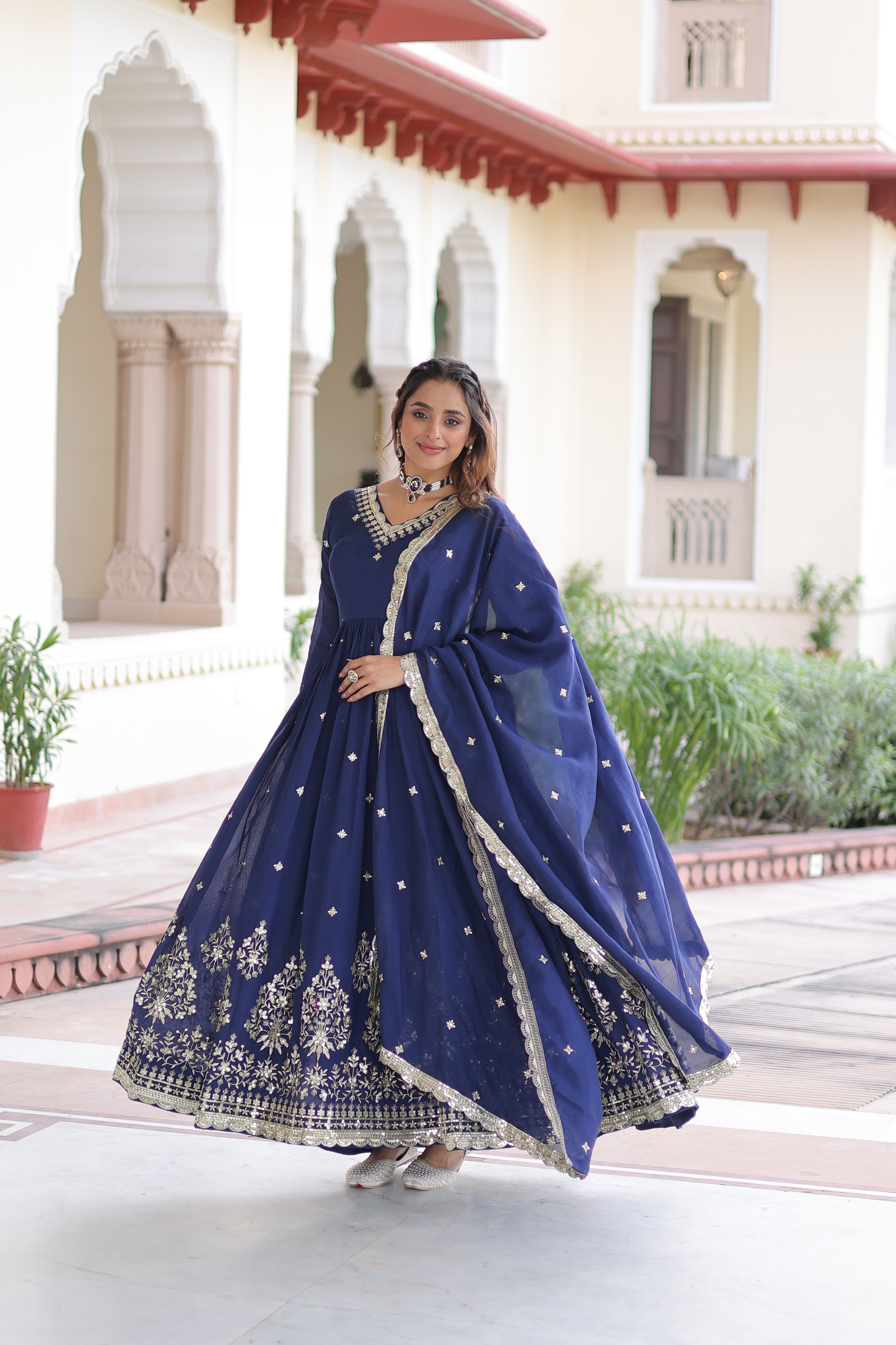 Tisara blue Vichitra silk gown with rich sequins embroidered work and dupatta