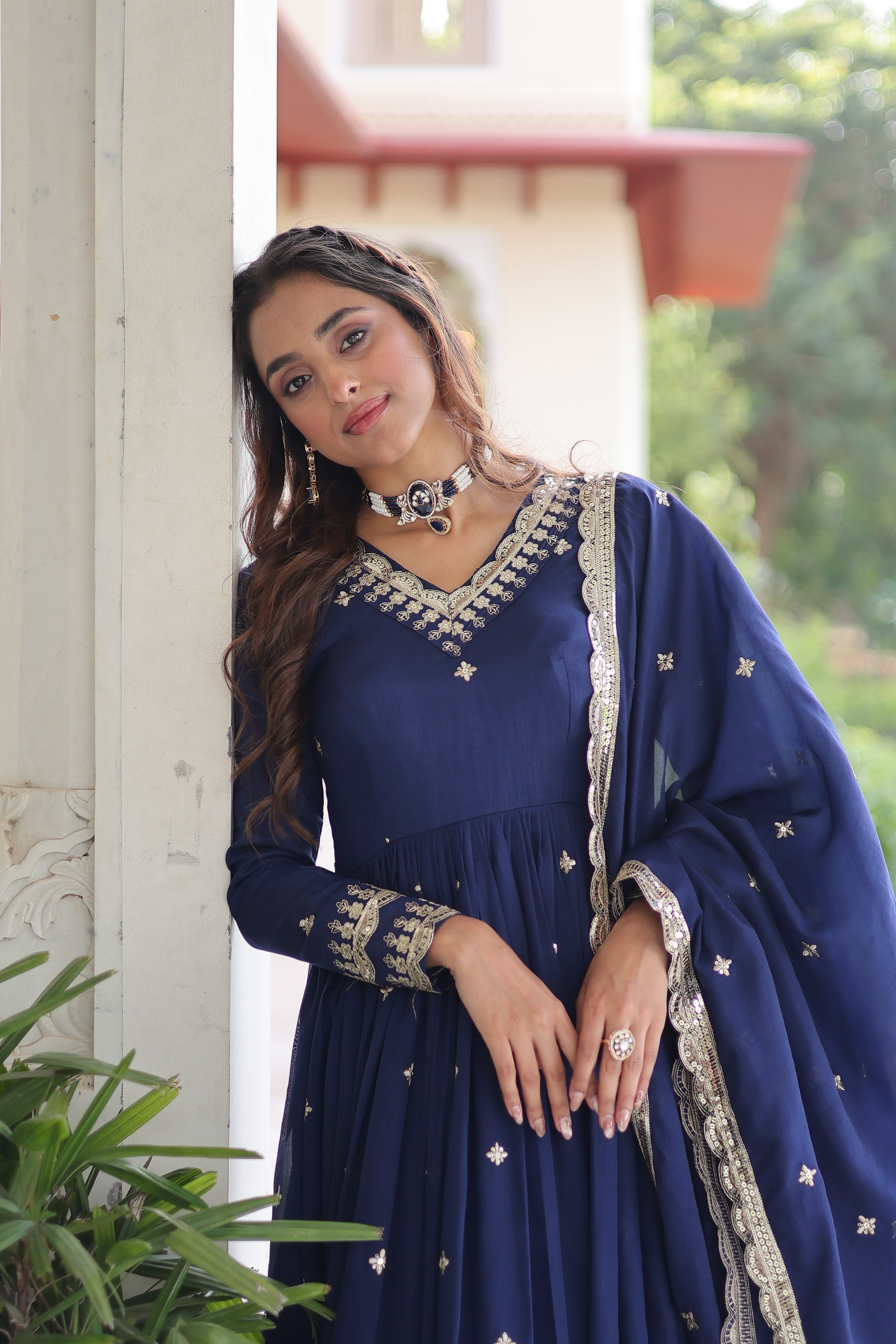 Tisara blue Vichitra silk gown with rich sequins embroidered work and dupatta