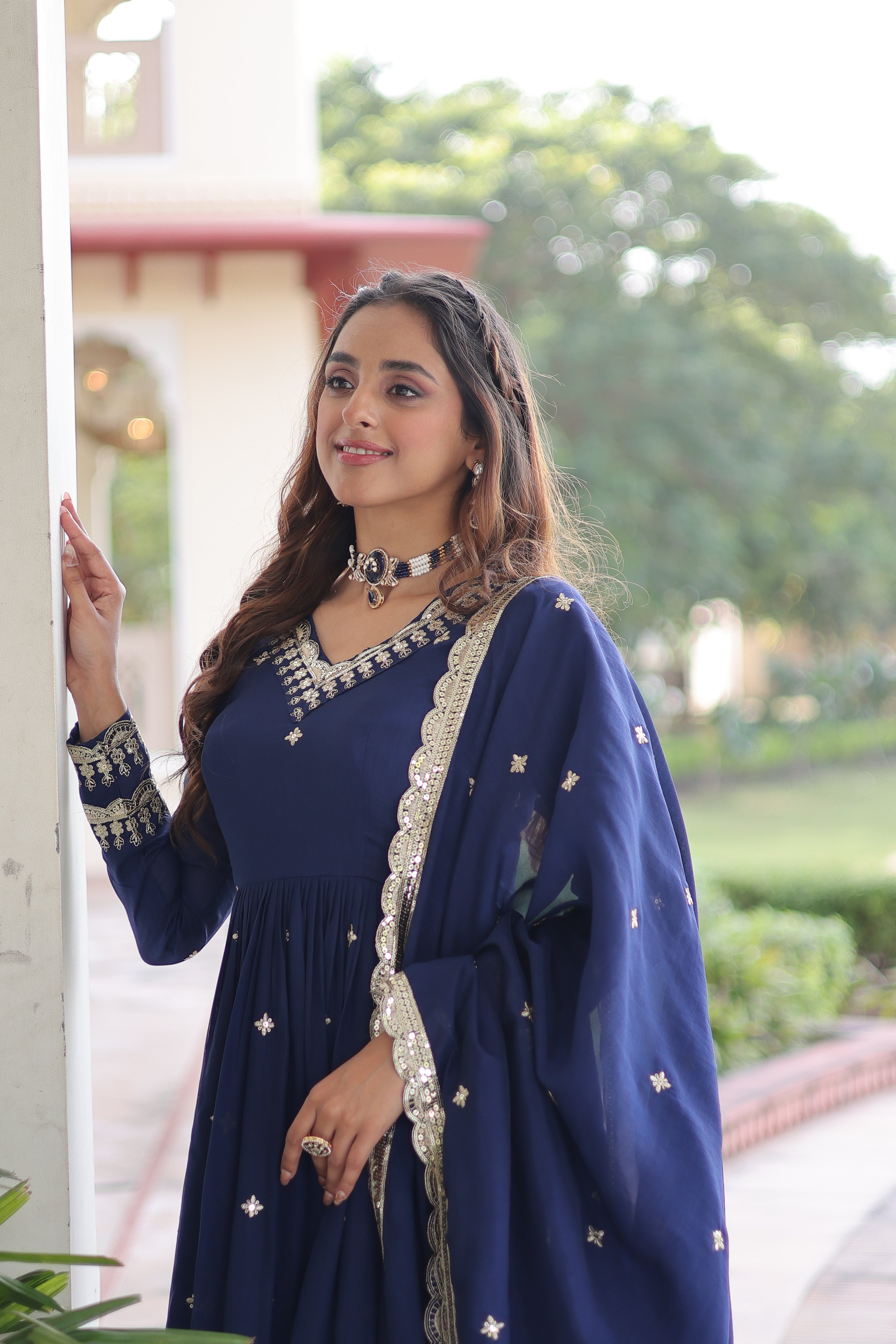 Tisara blue Vichitra silk gown with rich sequins embroidered work and dupatta