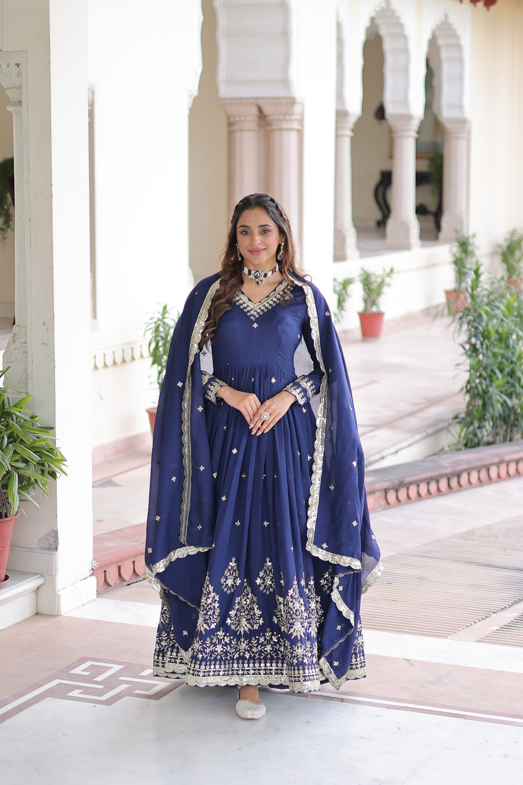 Tisara blue Vichitra silk gown with rich sequins embroidered work and dupatta
