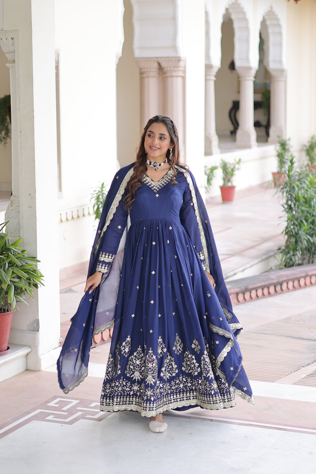 Tisara blue Vichitra silk gown with rich sequins embroidered work and dupatta