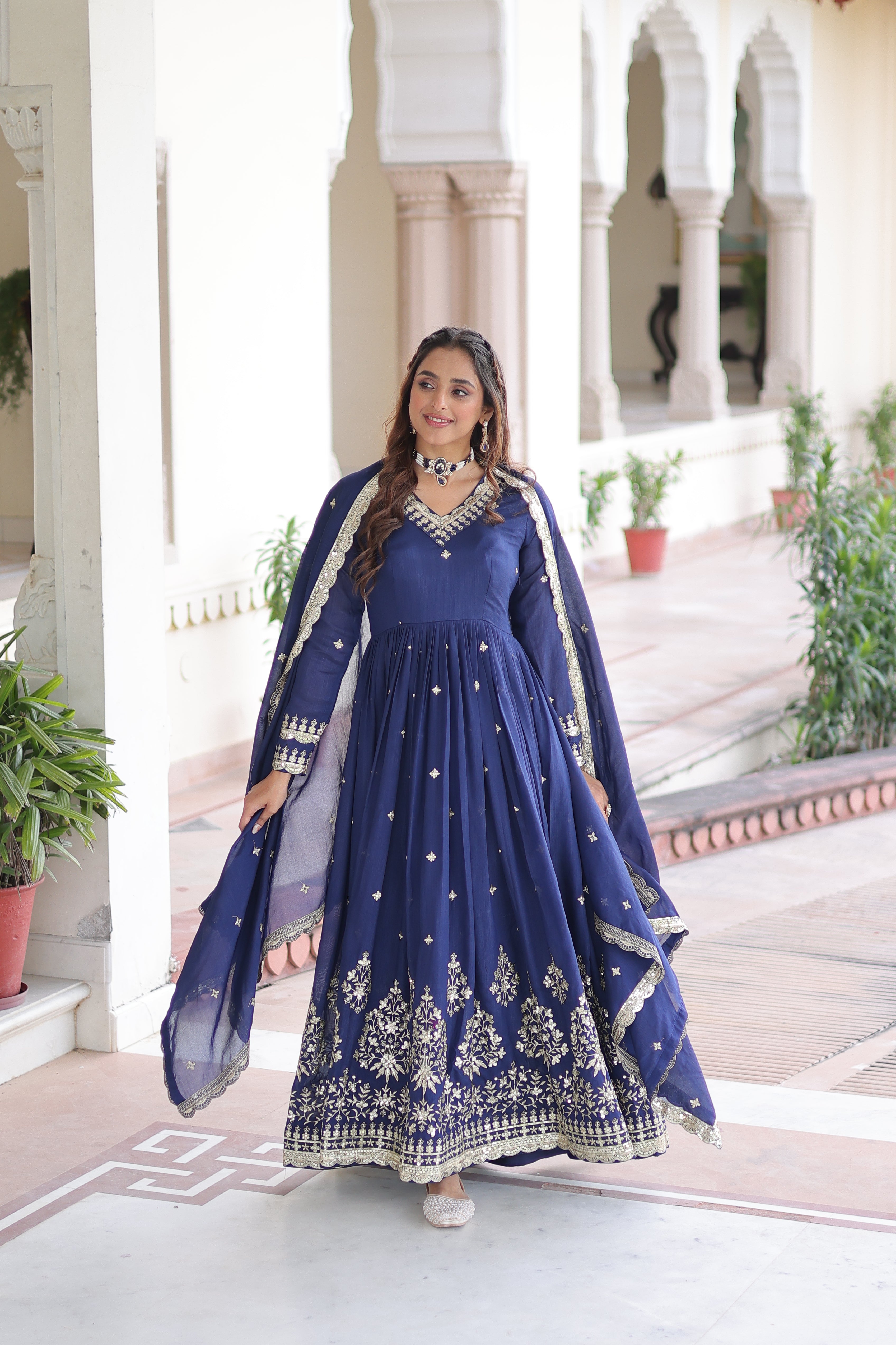 Tisara blue Vichitra silk gown with rich sequins embroidered work and dupatta