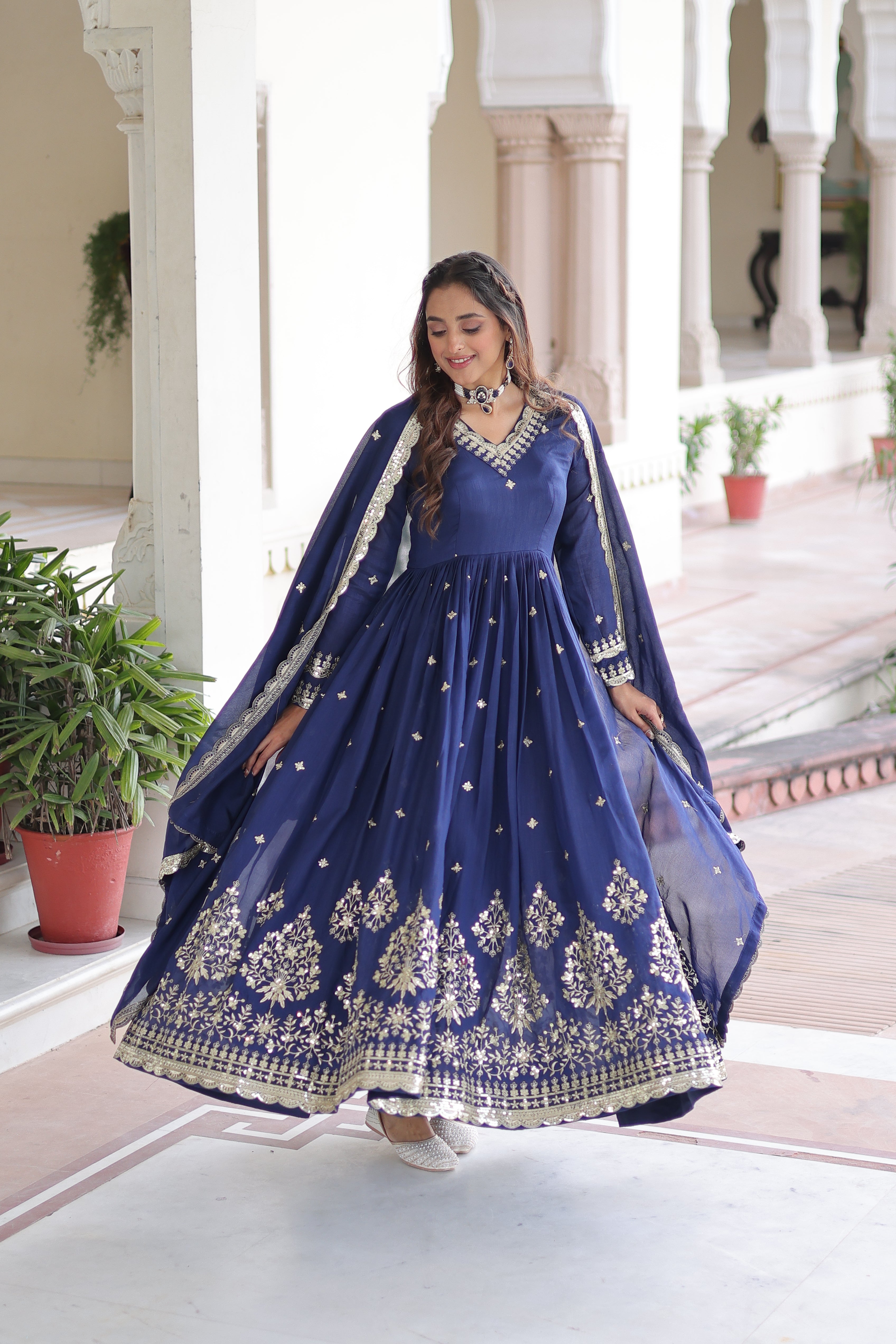 Tisara blue Vichitra silk gown with rich sequins embroidered work and dupatta