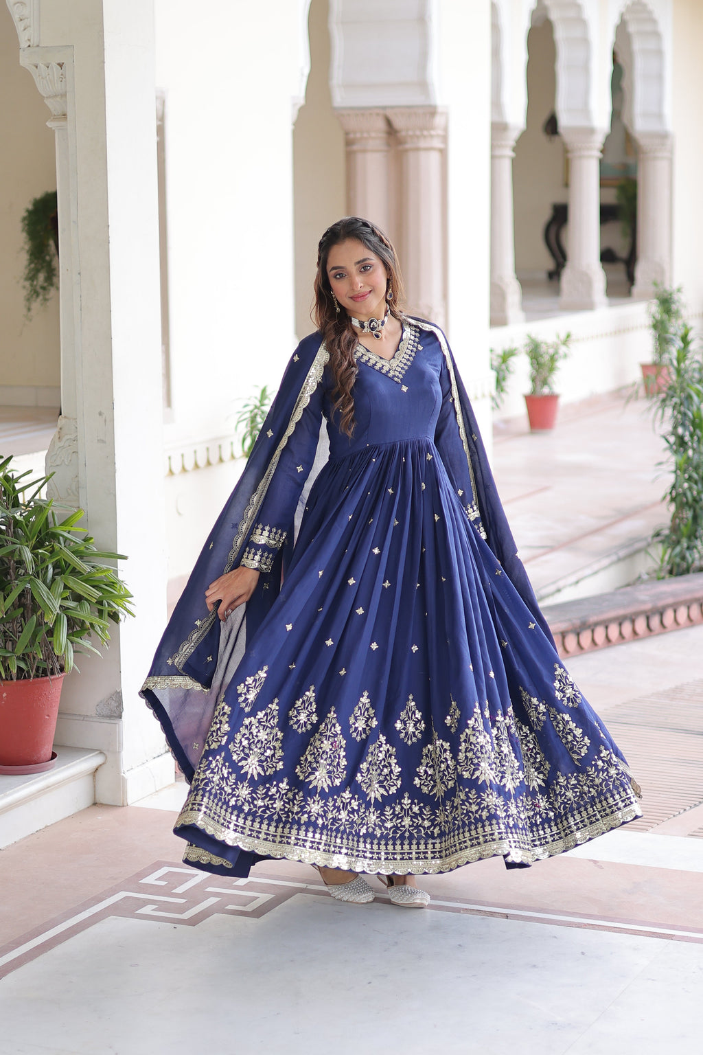 Tisara blue Vichitra silk gown with rich sequins embroidered work and dupatta