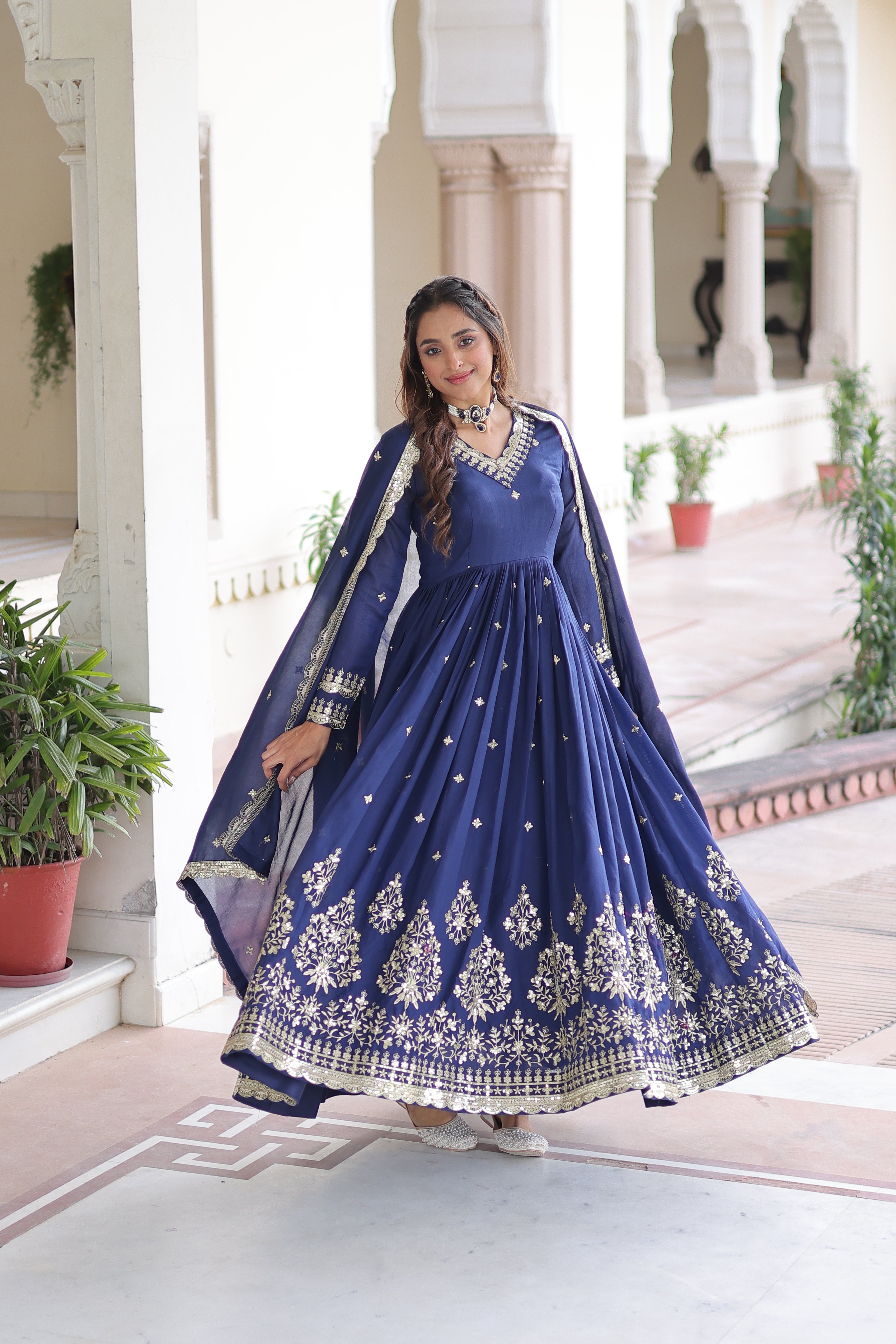 Tisara blue Vichitra silk gown with rich sequins embroidered work and dupatta
