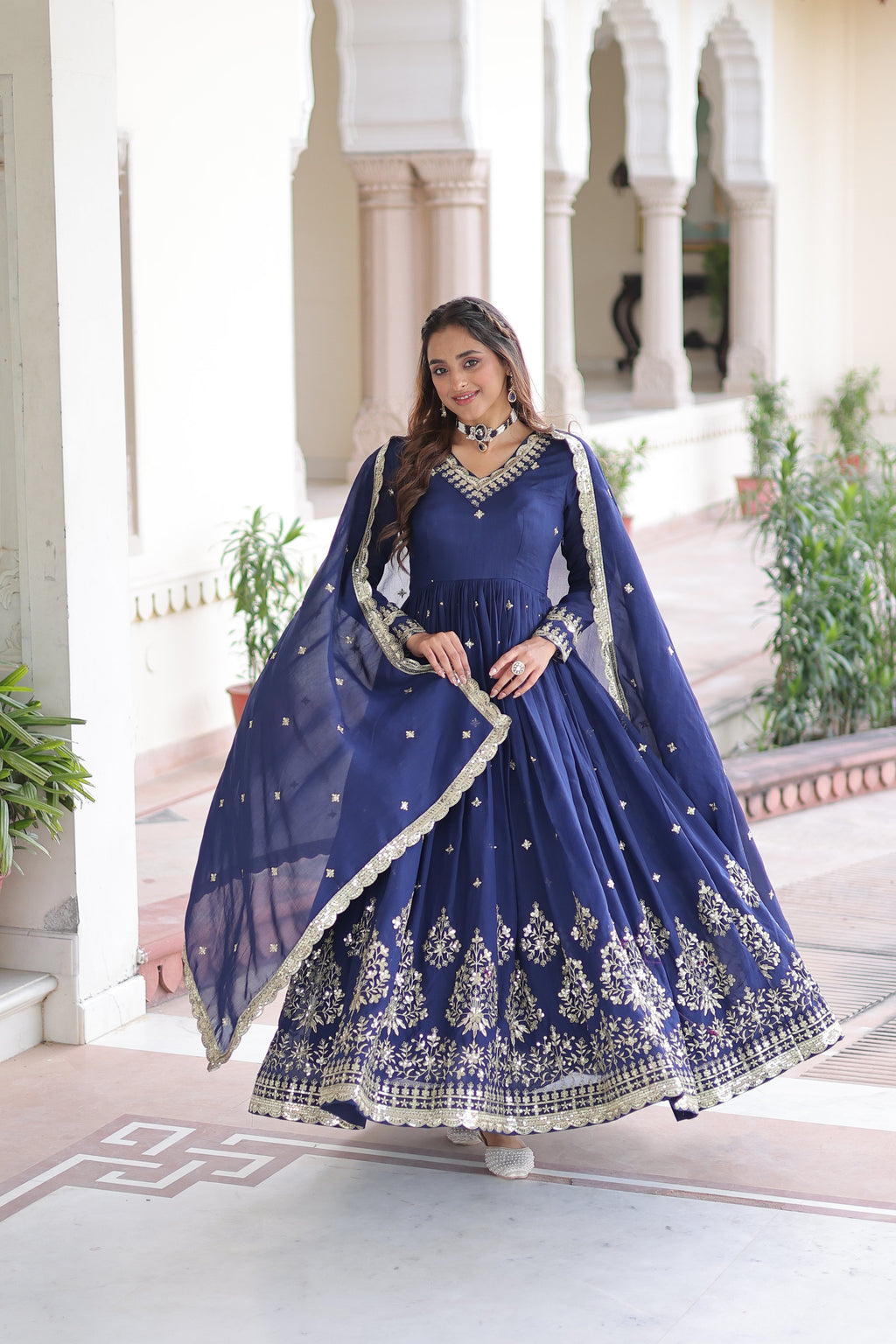 Tisara blue Vichitra silk gown with rich sequins embroidered work and dupatta
