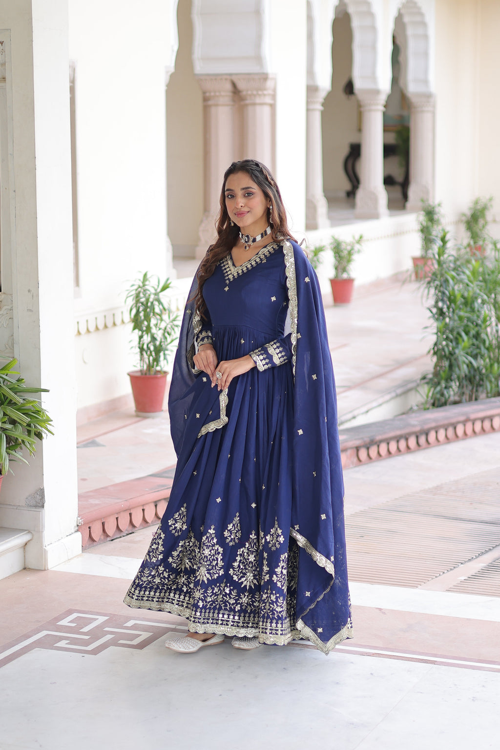 Tisara blue Vichitra silk gown with rich sequins embroidered work and dupatta