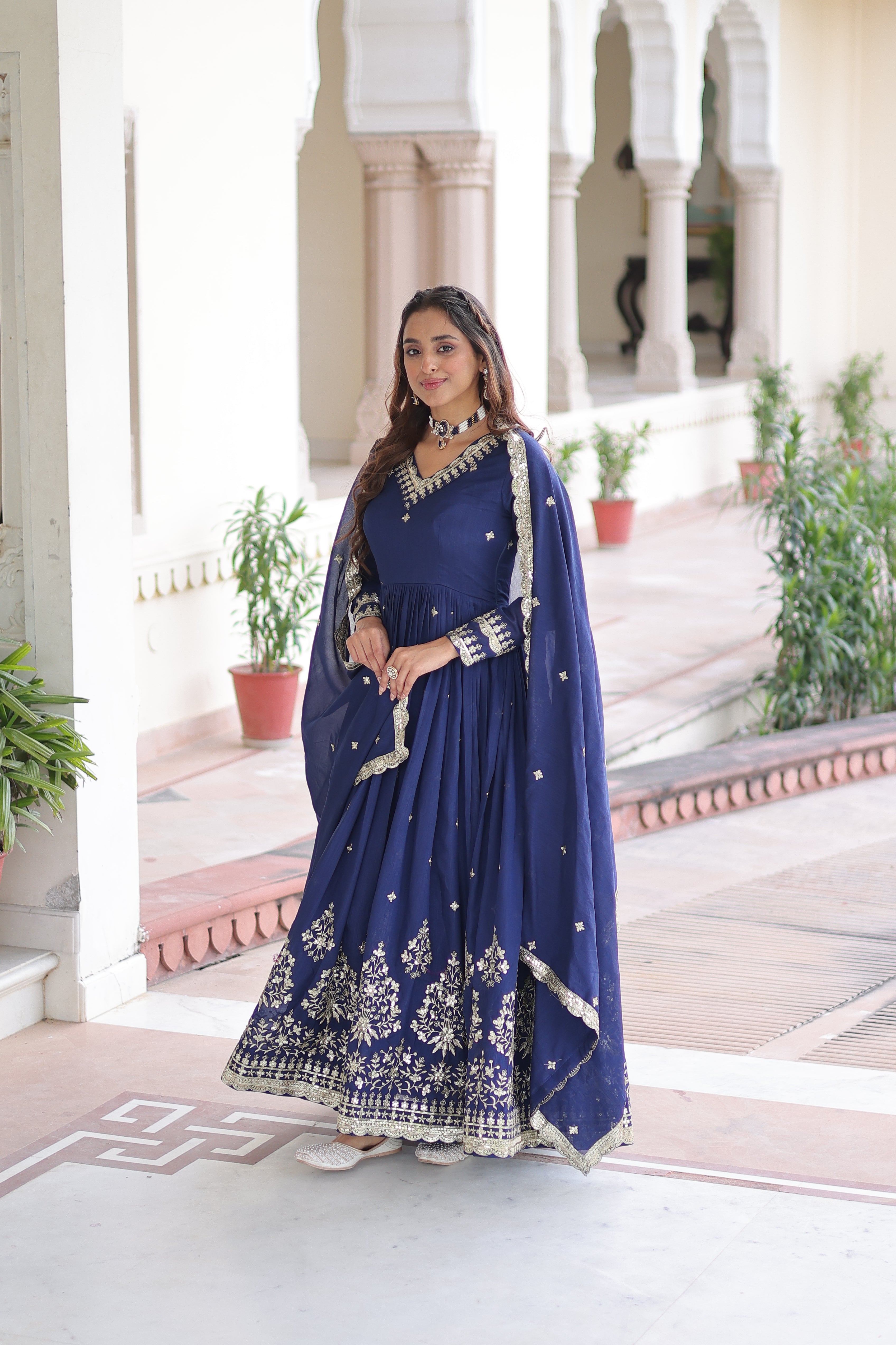 Tisara blue Vichitra silk gown with rich sequins embroidered work and dupatta