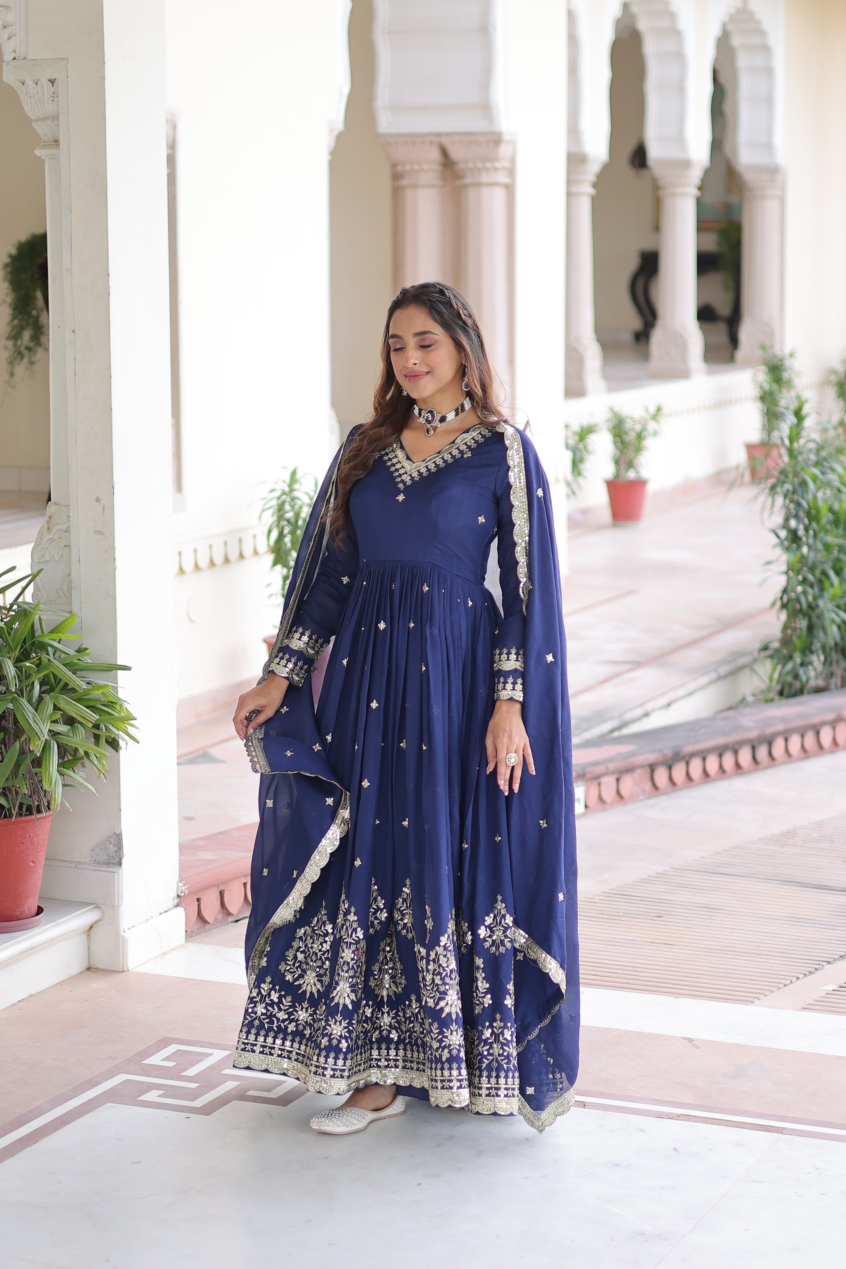 Tisara blue Vichitra silk gown with rich sequins embroidered work and dupatta