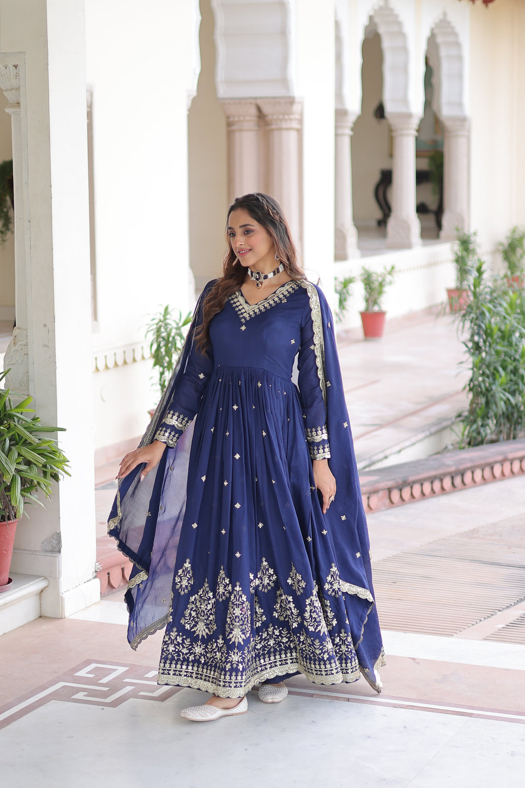 Tisara blue Vichitra silk gown with rich sequins embroidered work and dupatta