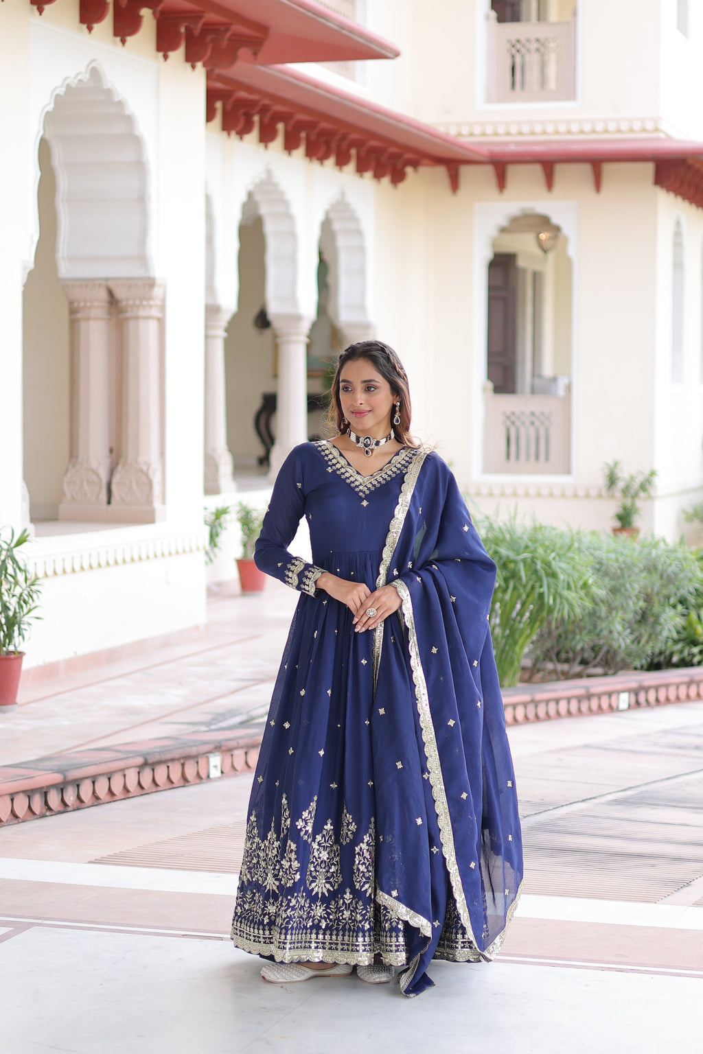 Tisara blue Vichitra silk gown with rich sequins embroidered work and dupatta