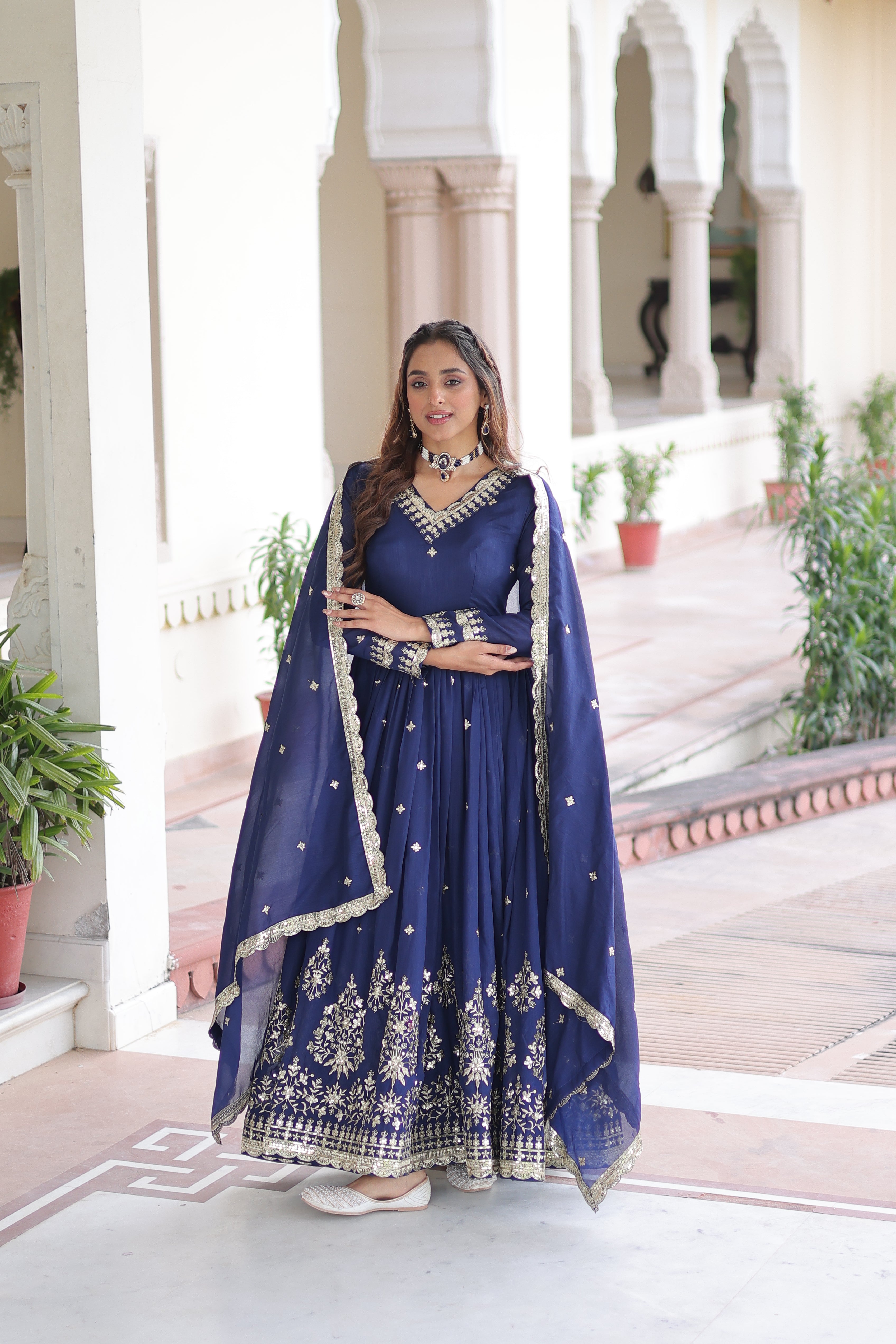 Tisara blue Vichitra silk gown with rich sequins embroidered work and dupatta
