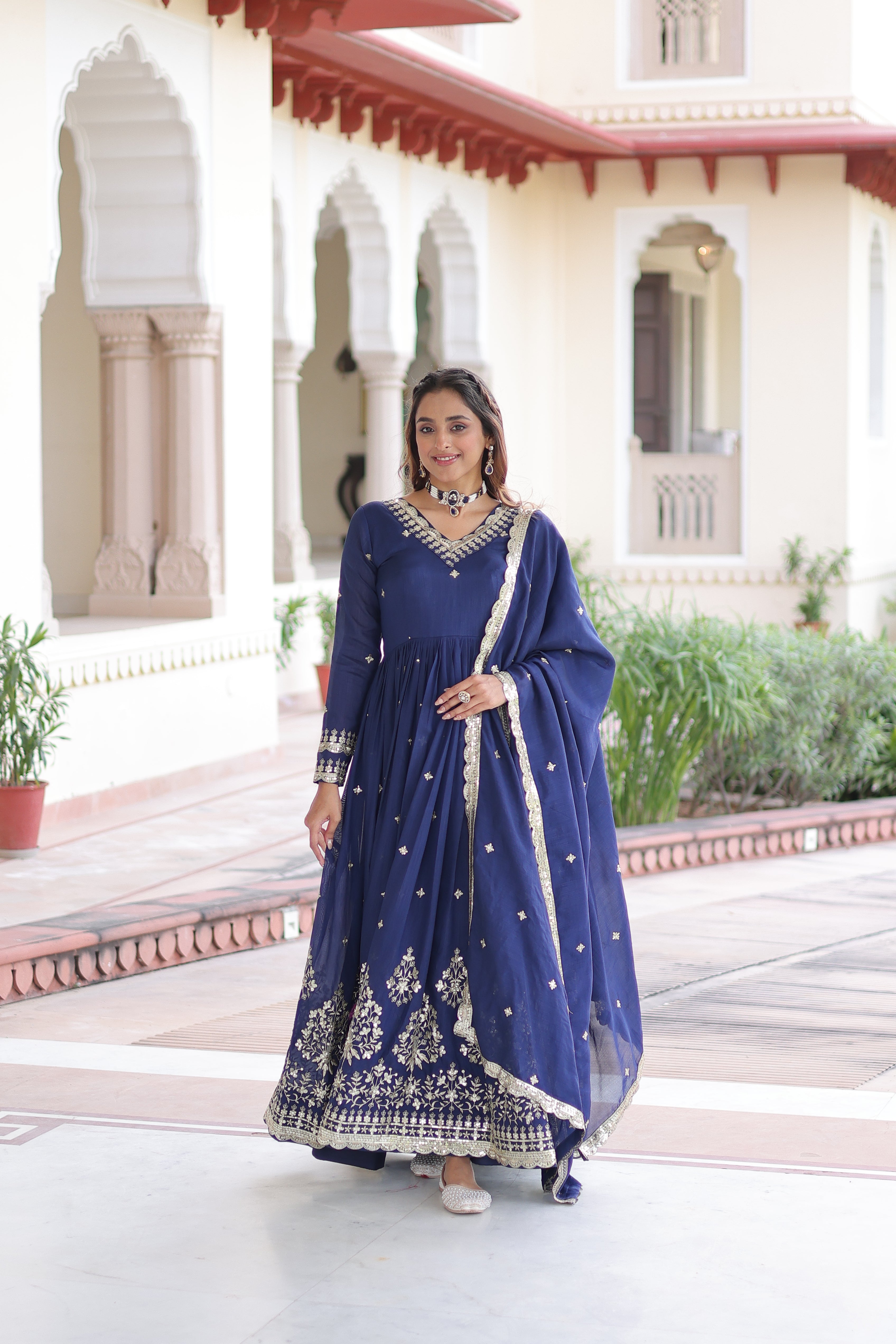 Tisara blue Vichitra silk gown with rich sequins embroidered work and dupatta