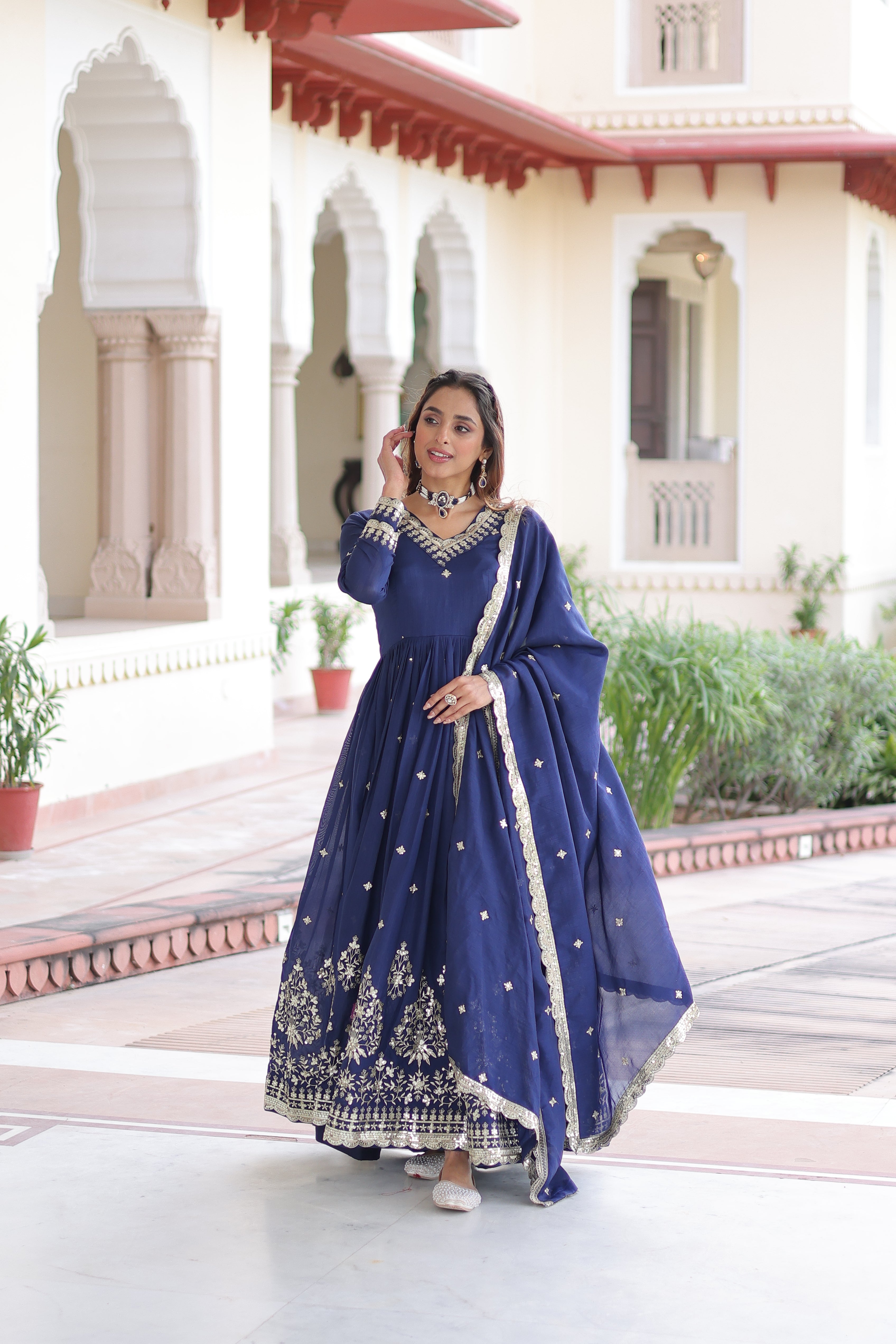 Tisara blue Vichitra silk gown with rich sequins embroidered work and dupatta