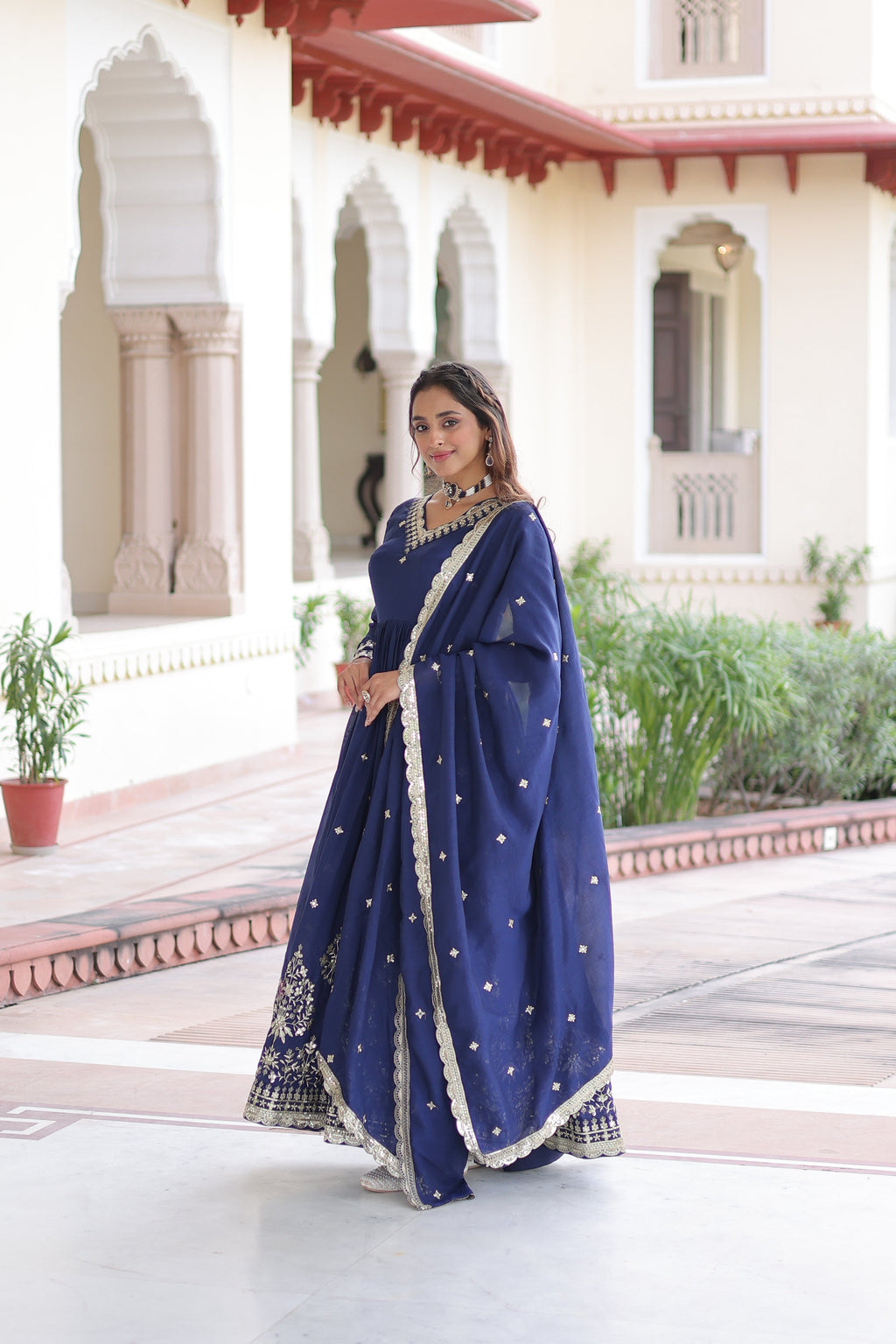 Tisara blue Vichitra silk gown with rich sequins embroidered work and dupatta