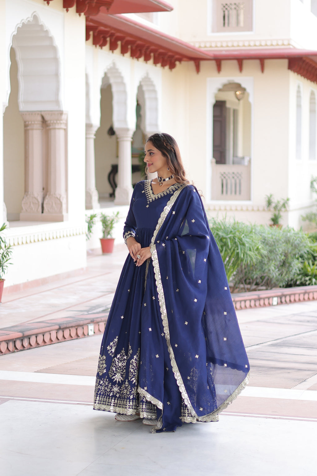 Tisara blue Vichitra silk gown with rich sequins embroidered work and dupatta