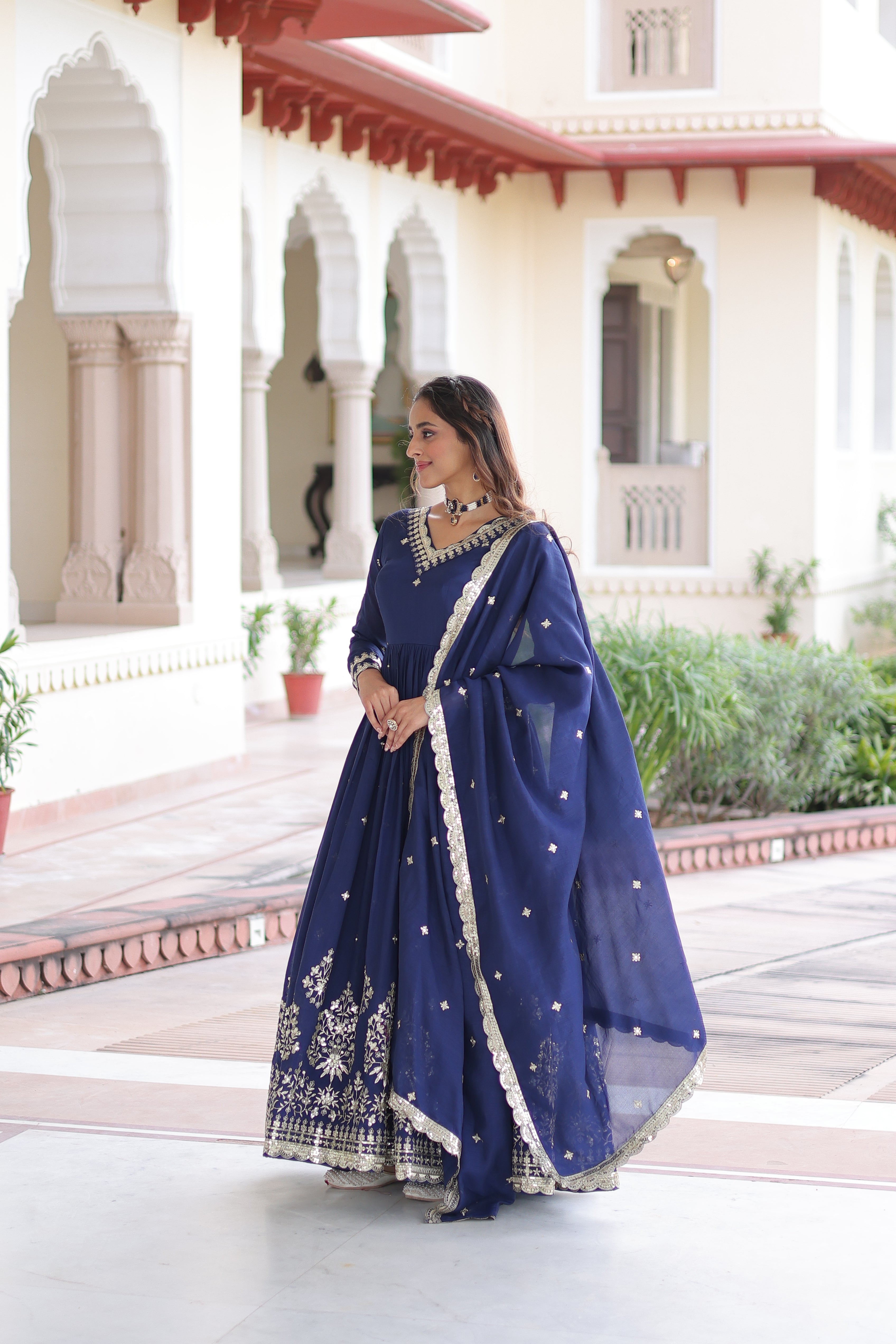 Tisara blue Vichitra silk gown with rich sequins embroidered work and dupatta