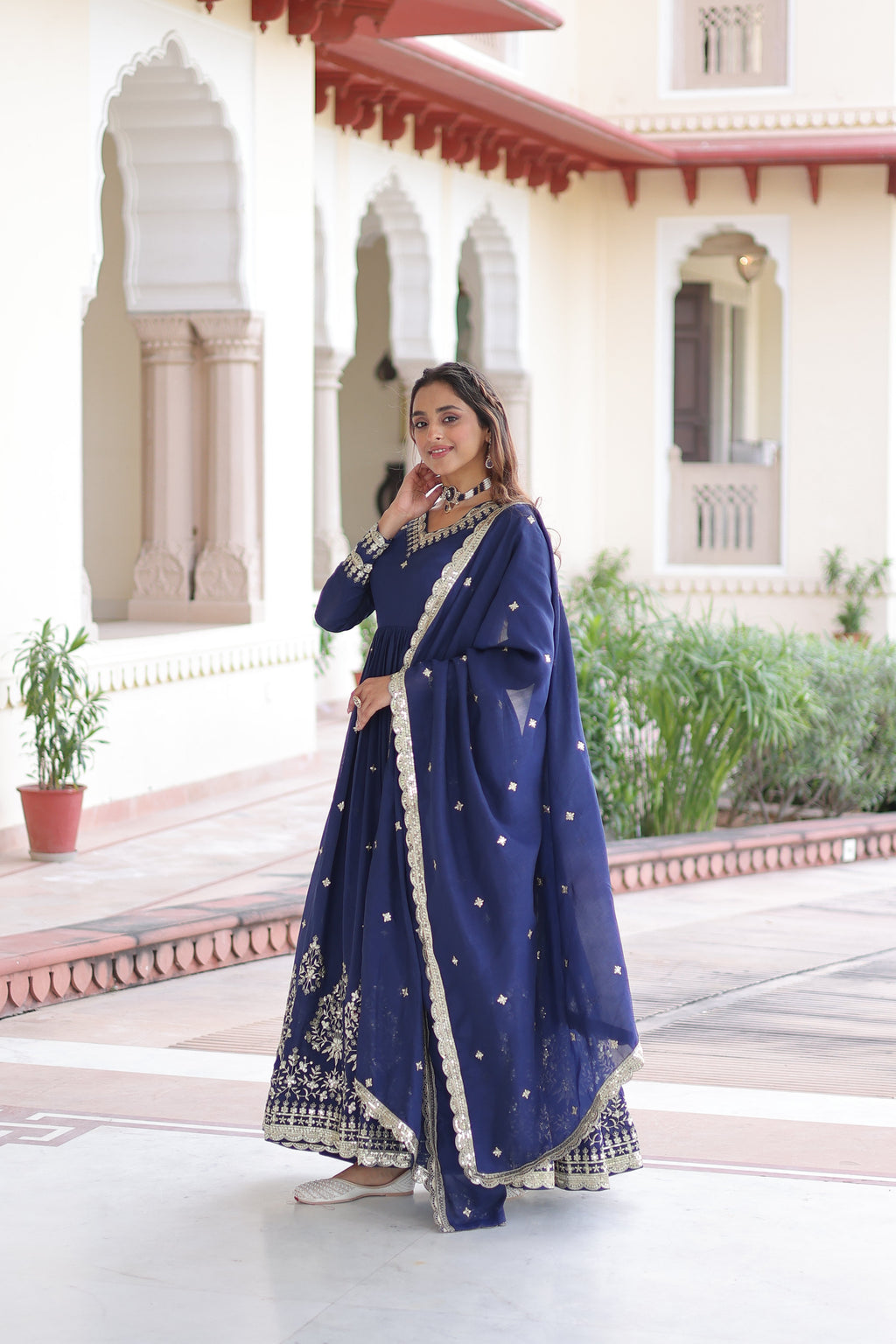 Tisara blue Vichitra silk gown with rich sequins embroidered work and dupatta