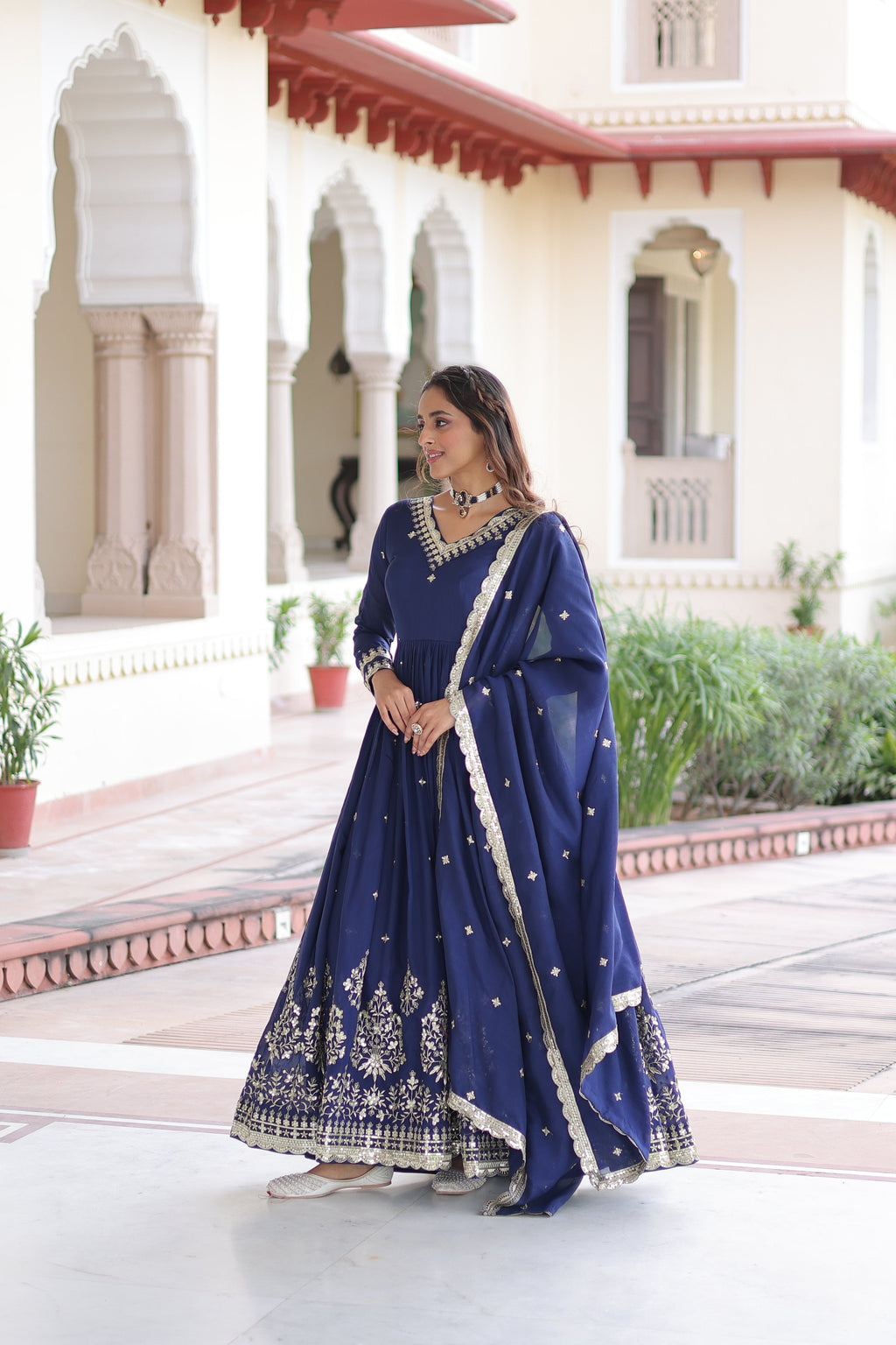 Tisara blue Vichitra silk gown with rich sequins embroidered work and dupatta