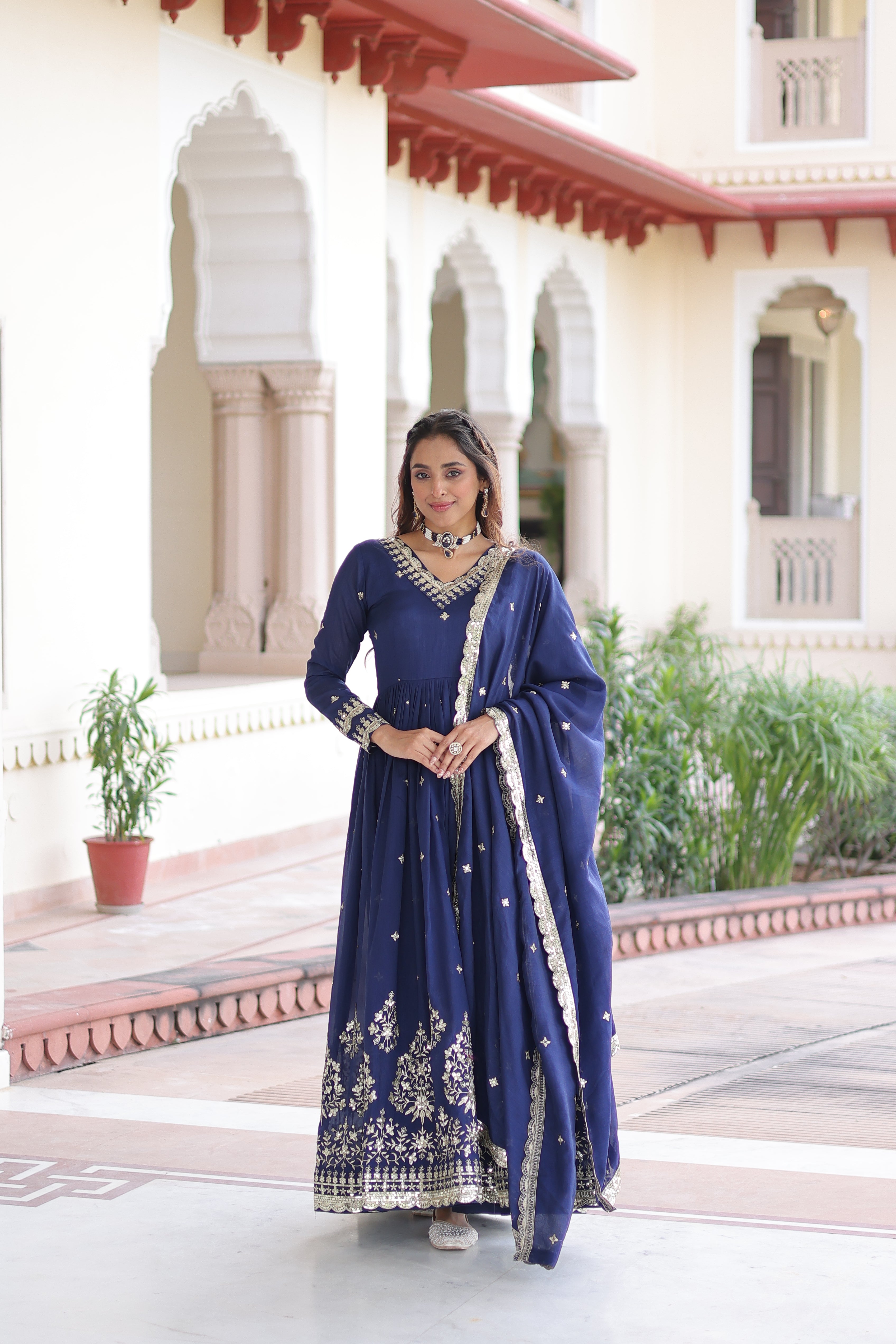 Tisara blue Vichitra silk gown with rich sequins embroidered work and dupatta