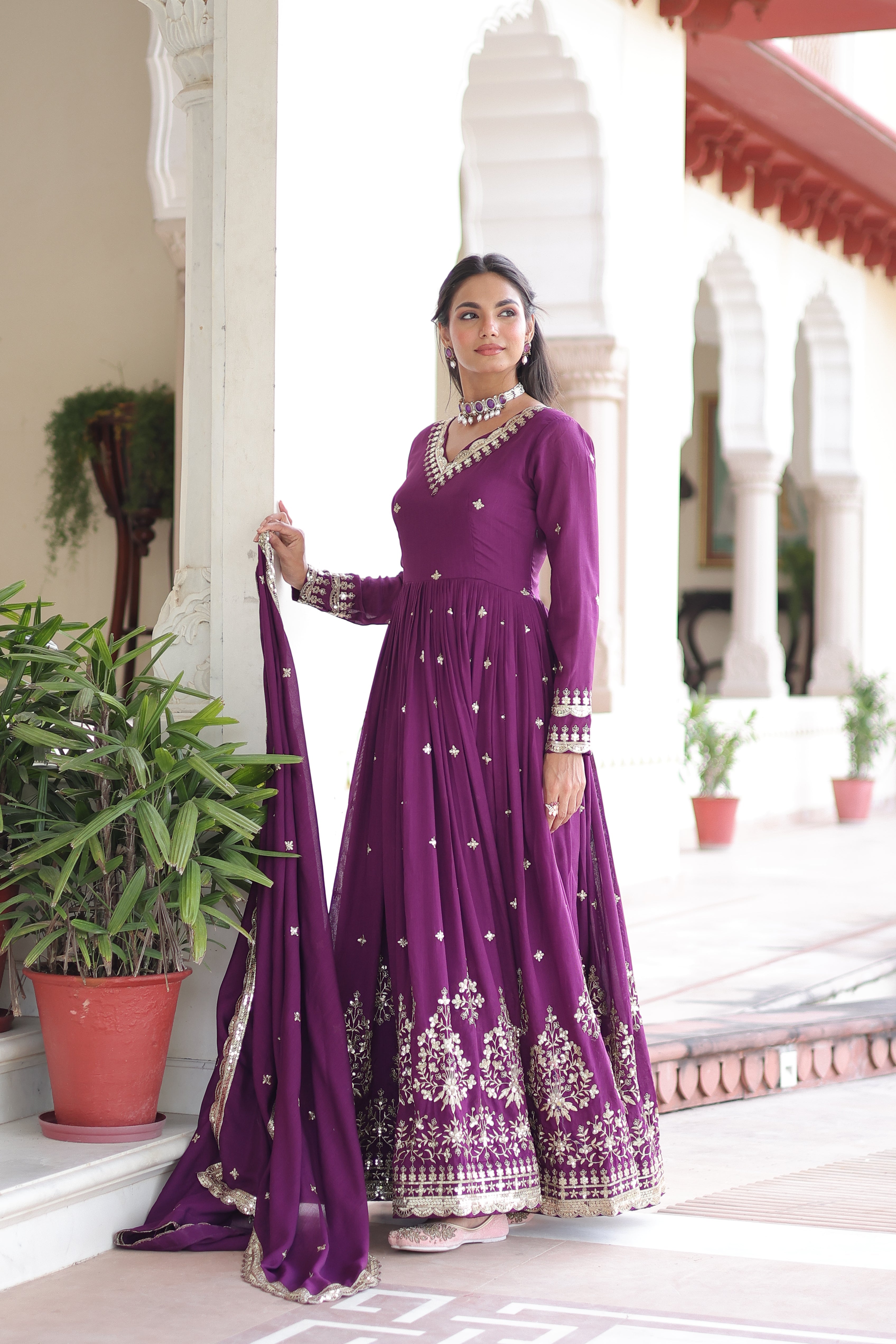 Tisara purple Vichitra silk gown with rich sequins embroidered work and dupatta
