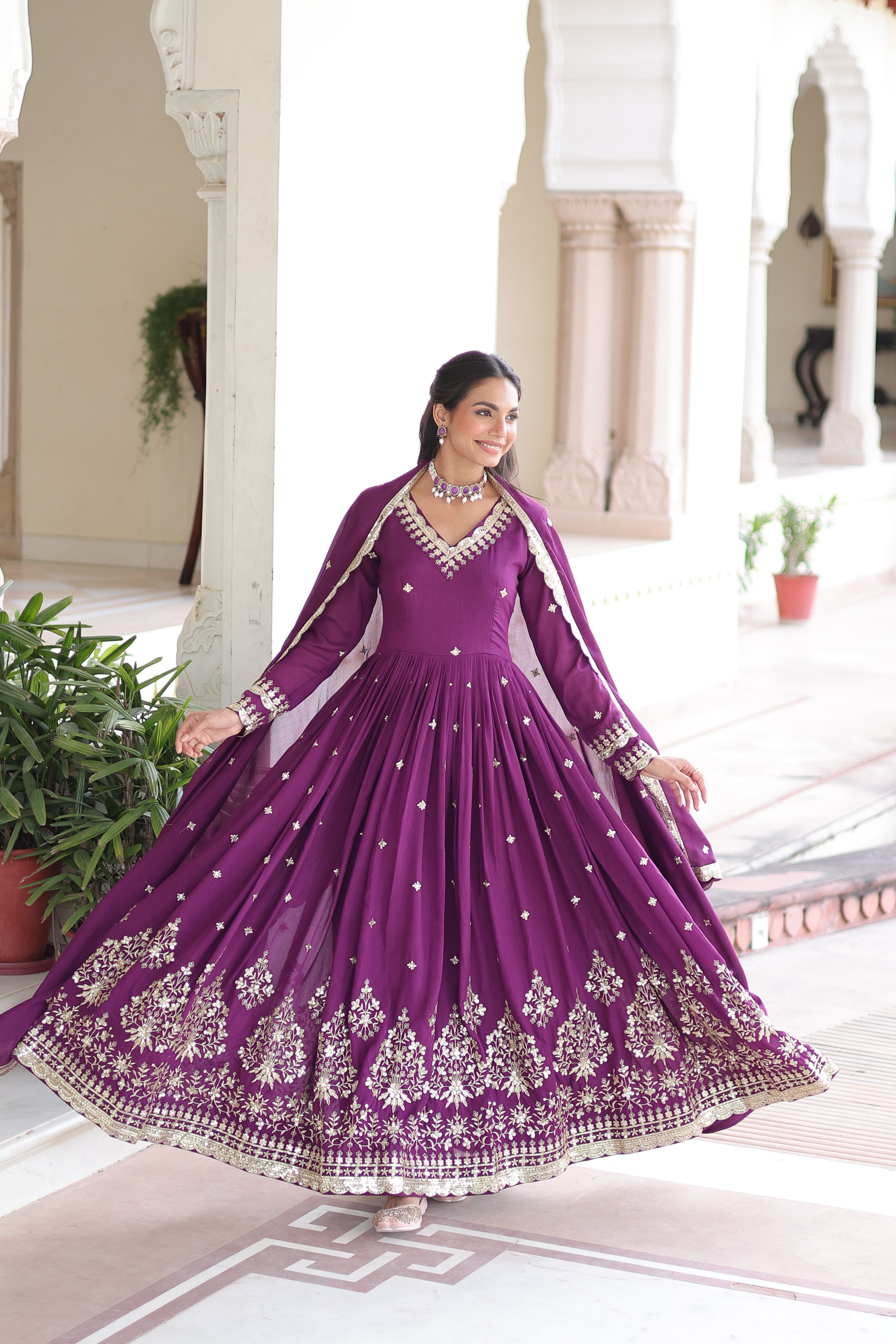 Tisara purple Vichitra silk gown with rich sequins embroidered work and dupatta