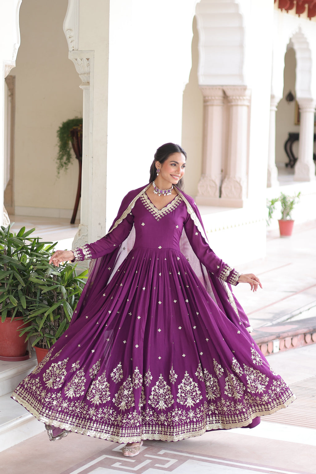 Tisara purple Vichitra silk gown with rich sequins embroidered work and dupatta