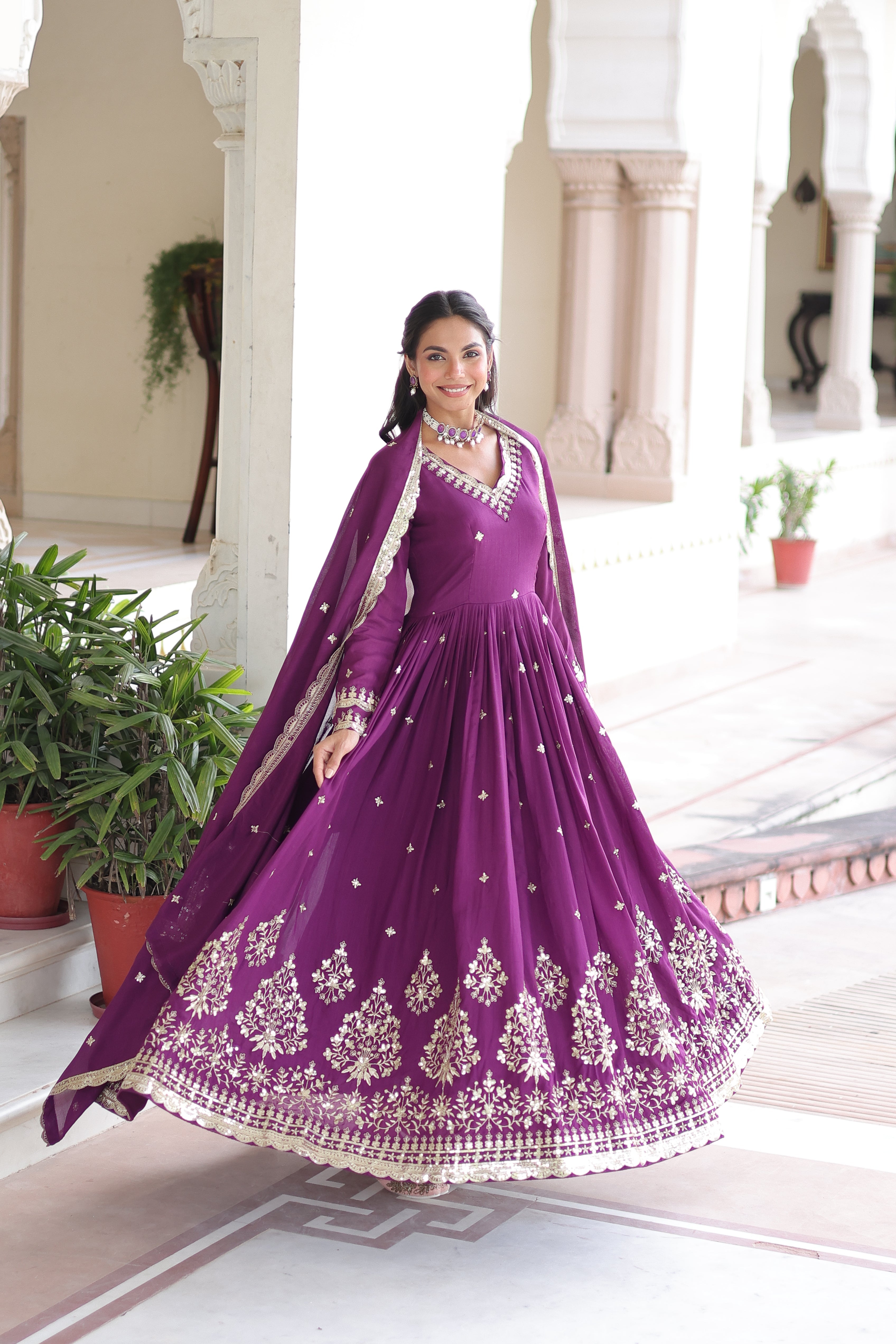 Tisara purple Vichitra silk gown with rich sequins embroidered work and dupatta