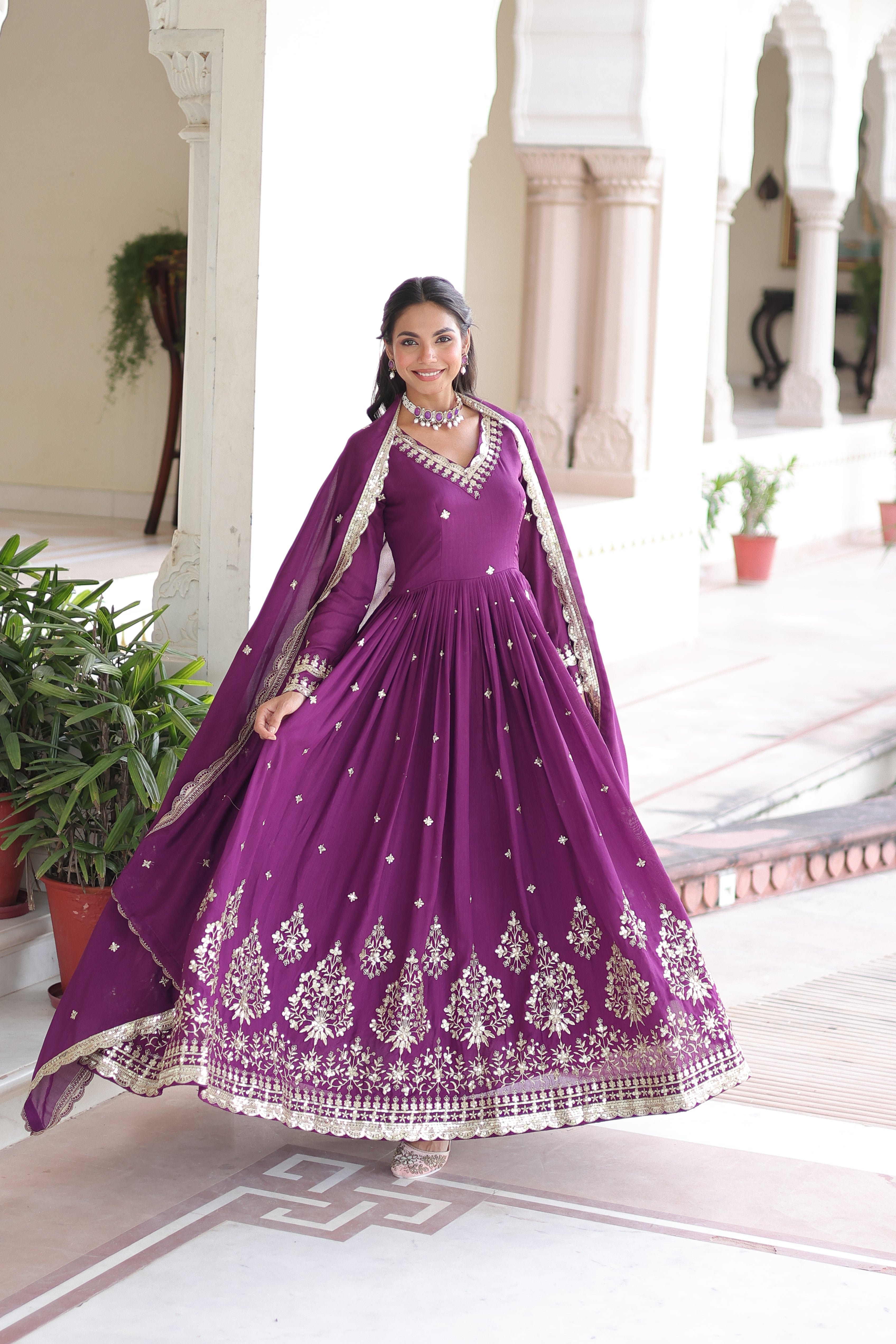 Tisara purple Vichitra silk gown with rich sequins embroidered work and dupatta