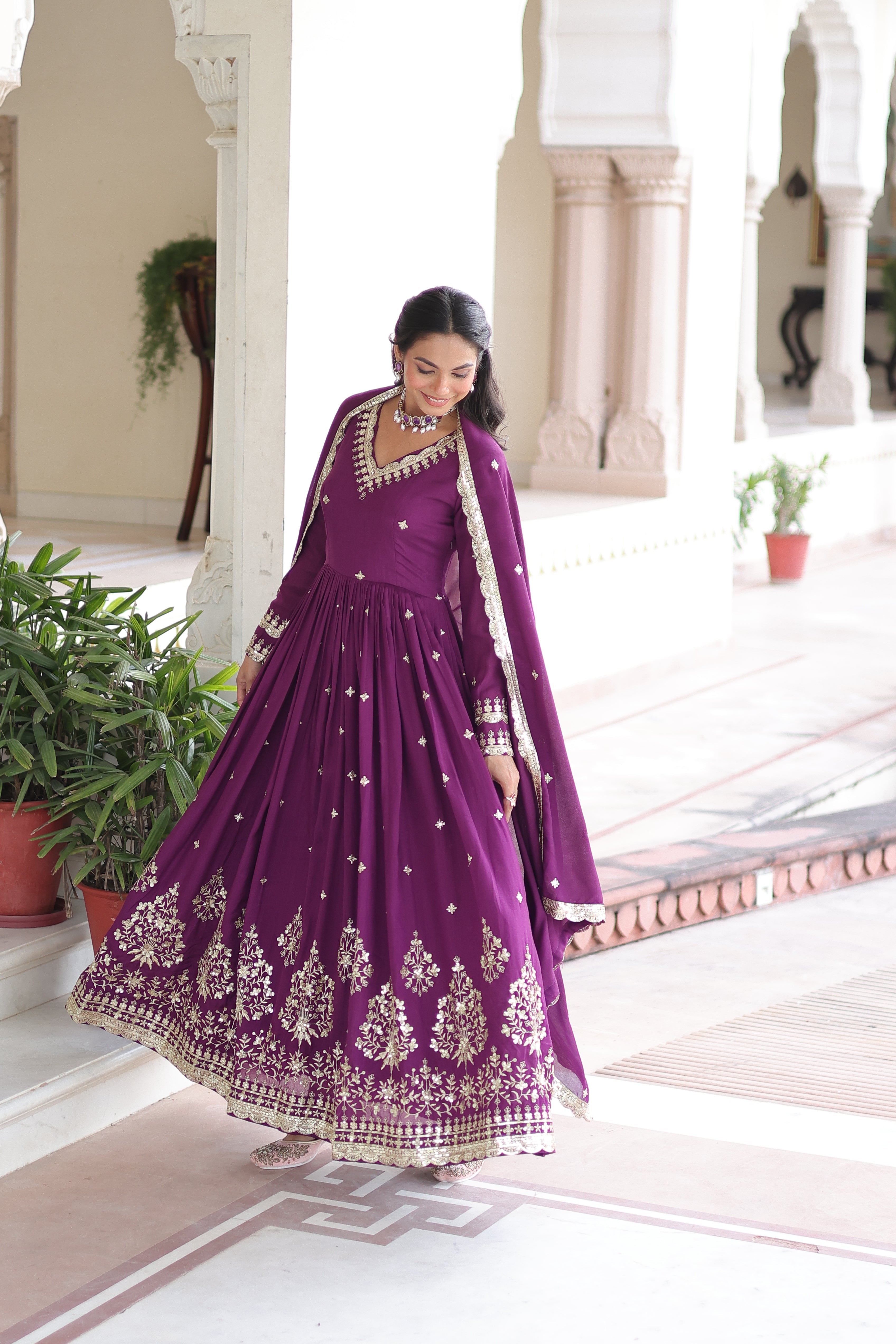 Tisara purple Vichitra silk gown with rich sequins embroidered work and dupatta