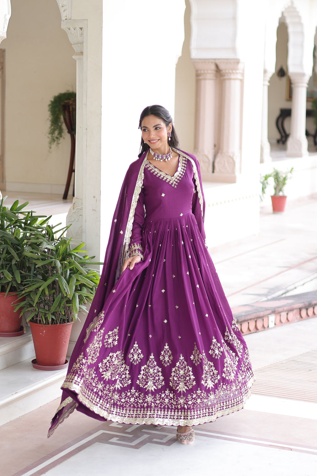Tisara purple Vichitra silk gown with rich sequins embroidered work and dupatta