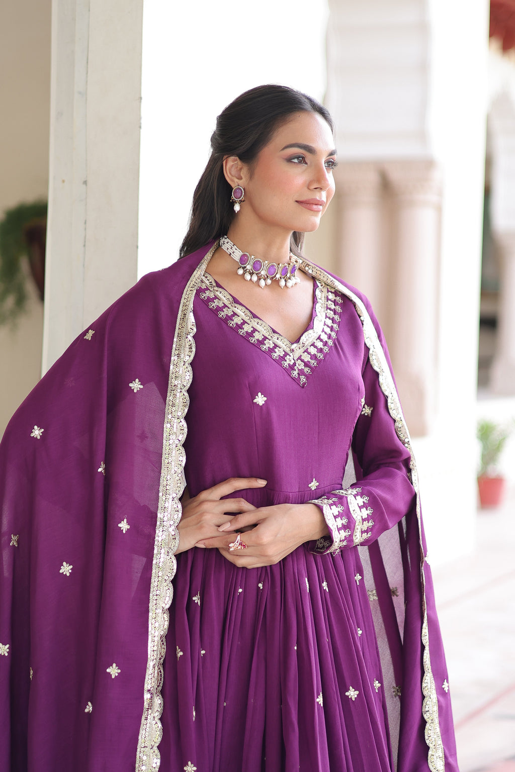Tisara purple Vichitra silk gown with rich sequins embroidered work and dupatta