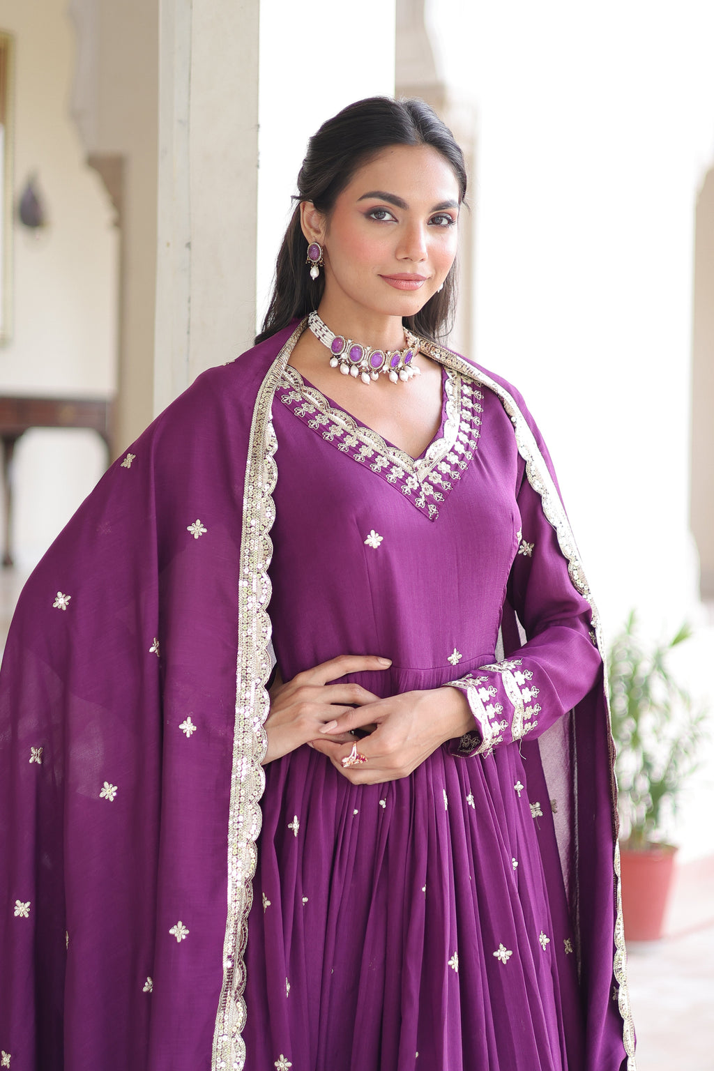 Tisara purple Vichitra silk gown with rich sequins embroidered work and dupatta