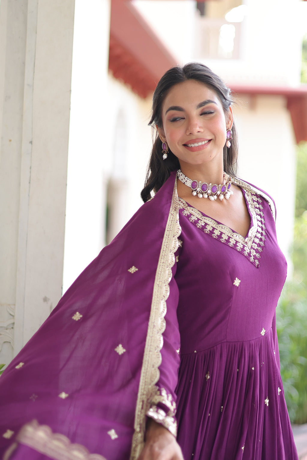 Tisara purple Vichitra silk gown with rich sequins embroidered work and dupatta