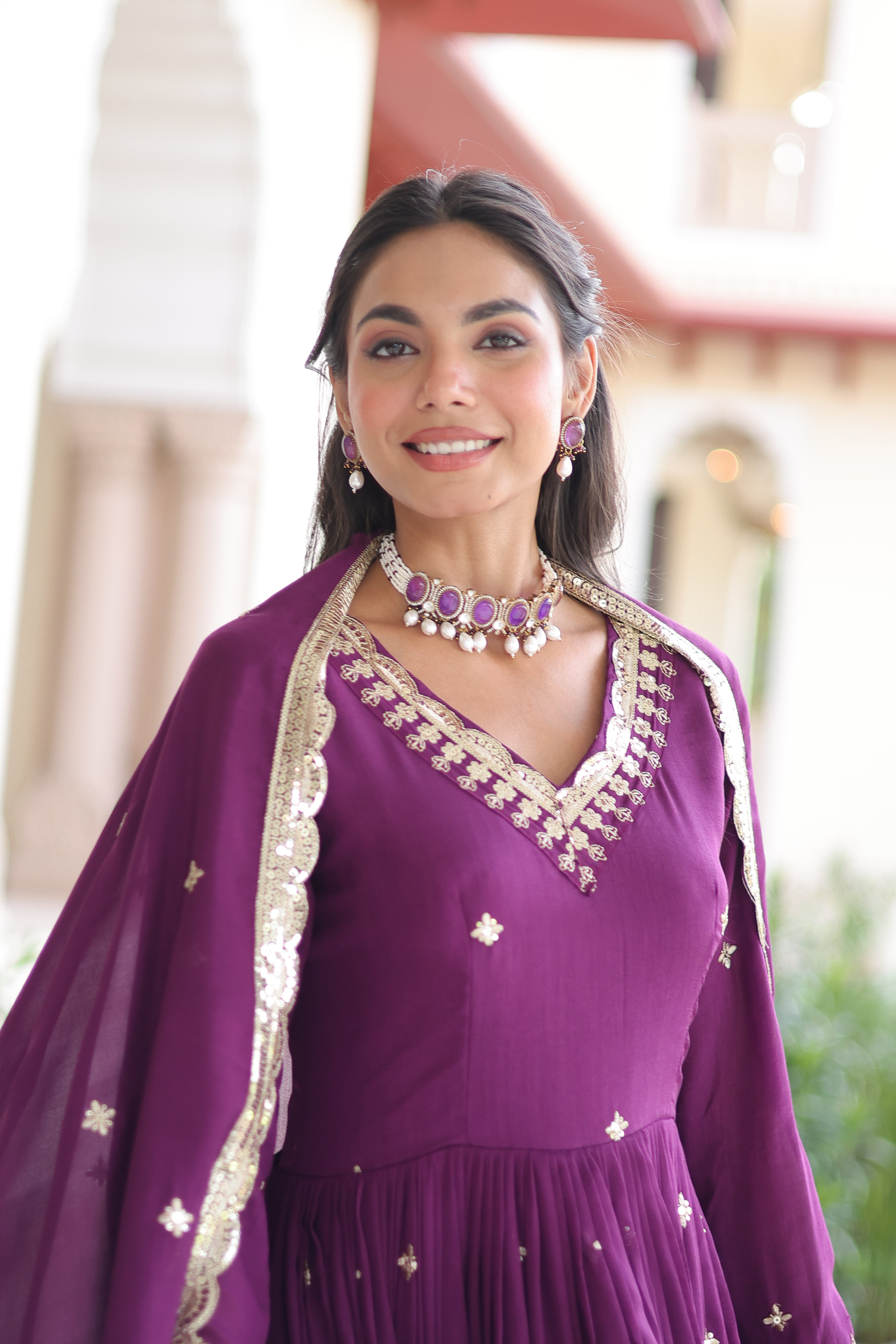 Tisara purple Vichitra silk gown with rich sequins embroidered work and dupatta