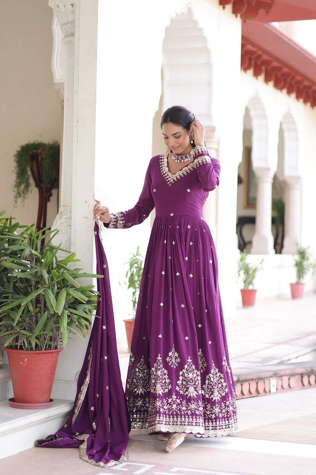 Tisara purple Vichitra silk gown with rich sequins embroidered work and dupatta