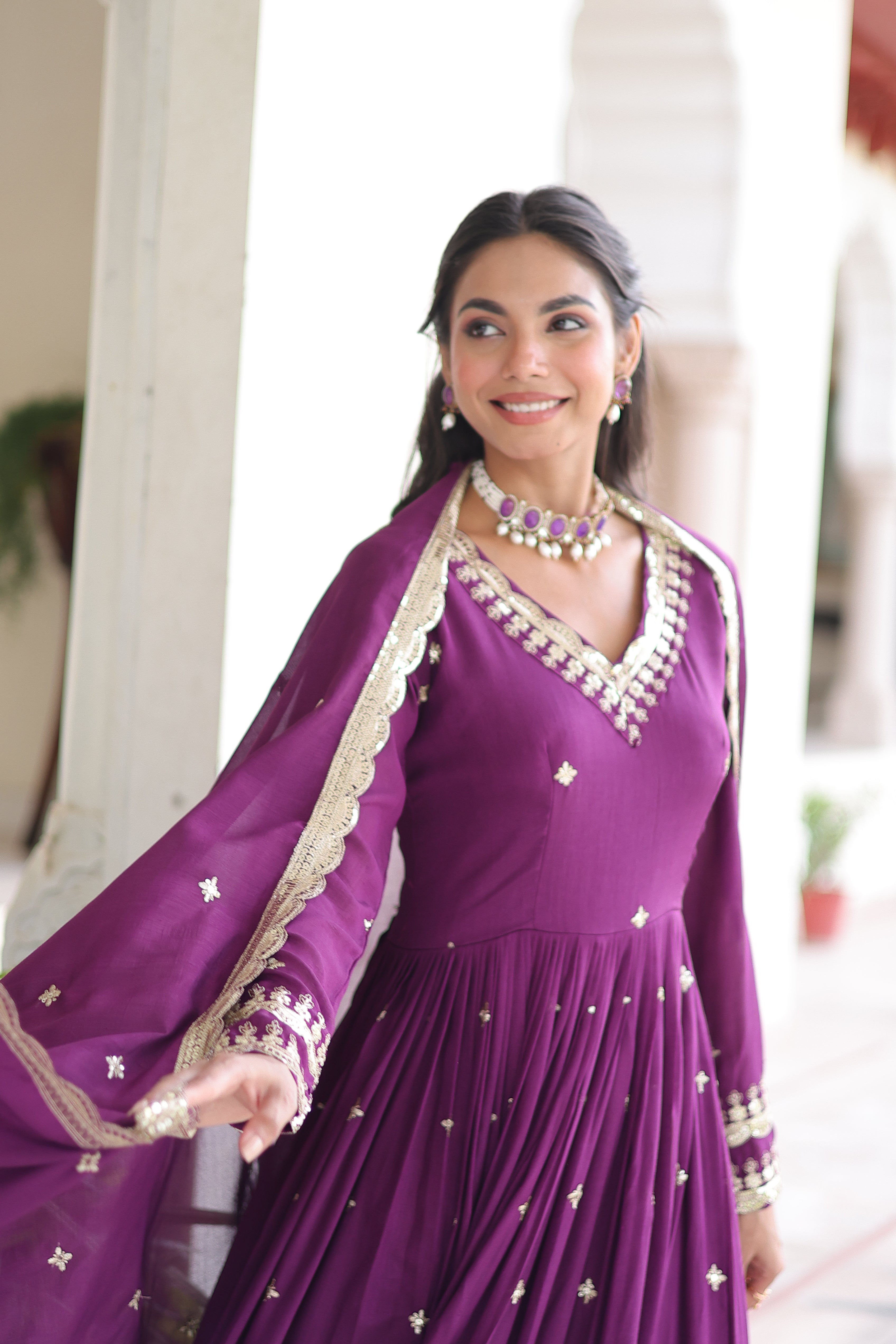 Tisara purple Vichitra silk gown with rich sequins embroidered work and dupatta