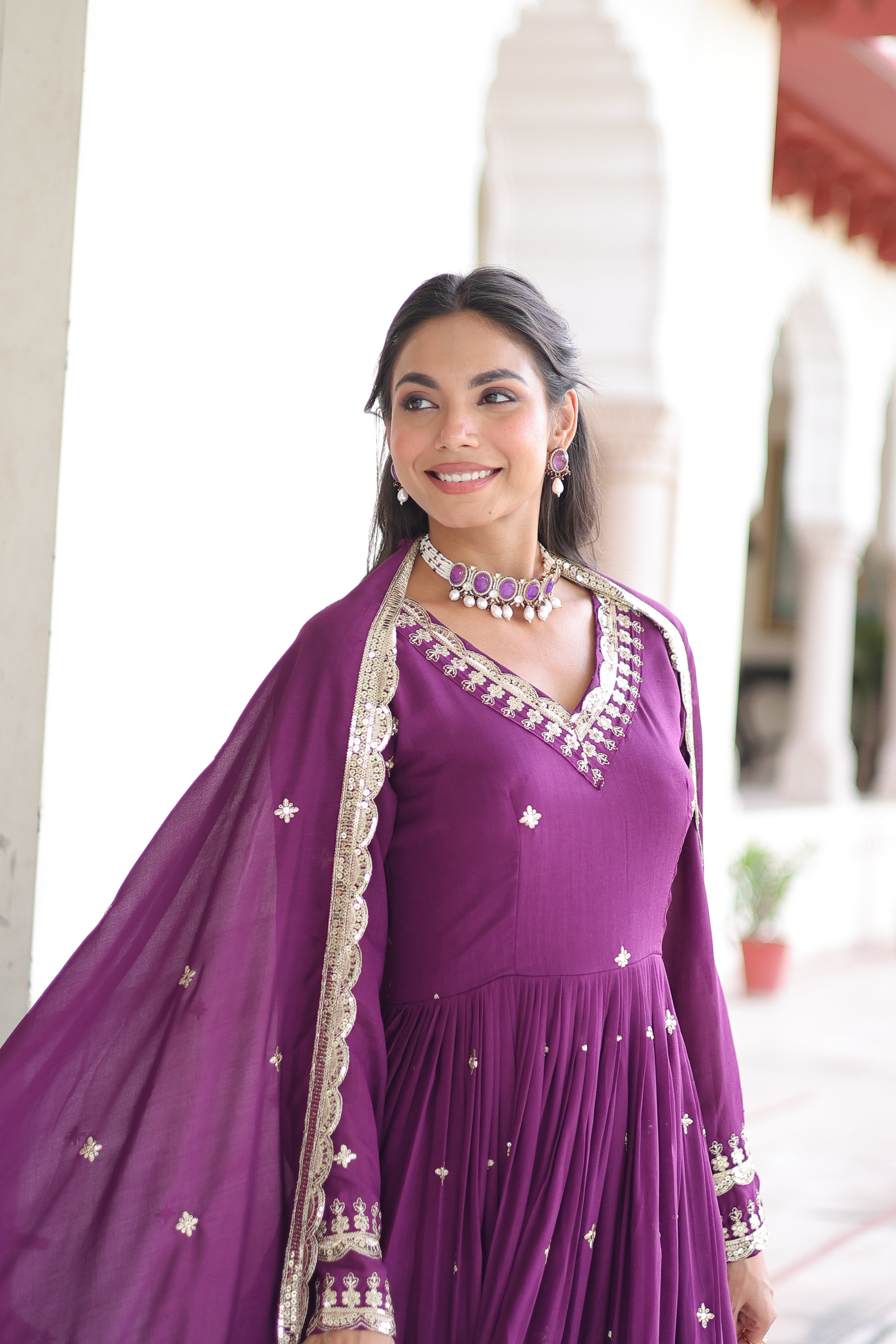 Tisara purple Vichitra silk gown with rich sequins embroidered work and dupatta