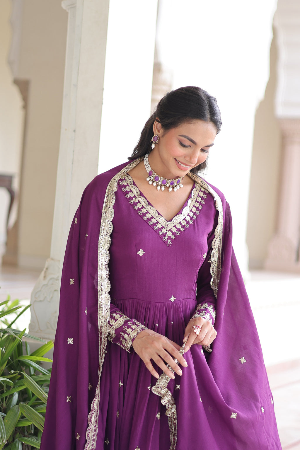 Tisara purple Vichitra silk gown with rich sequins embroidered work and dupatta