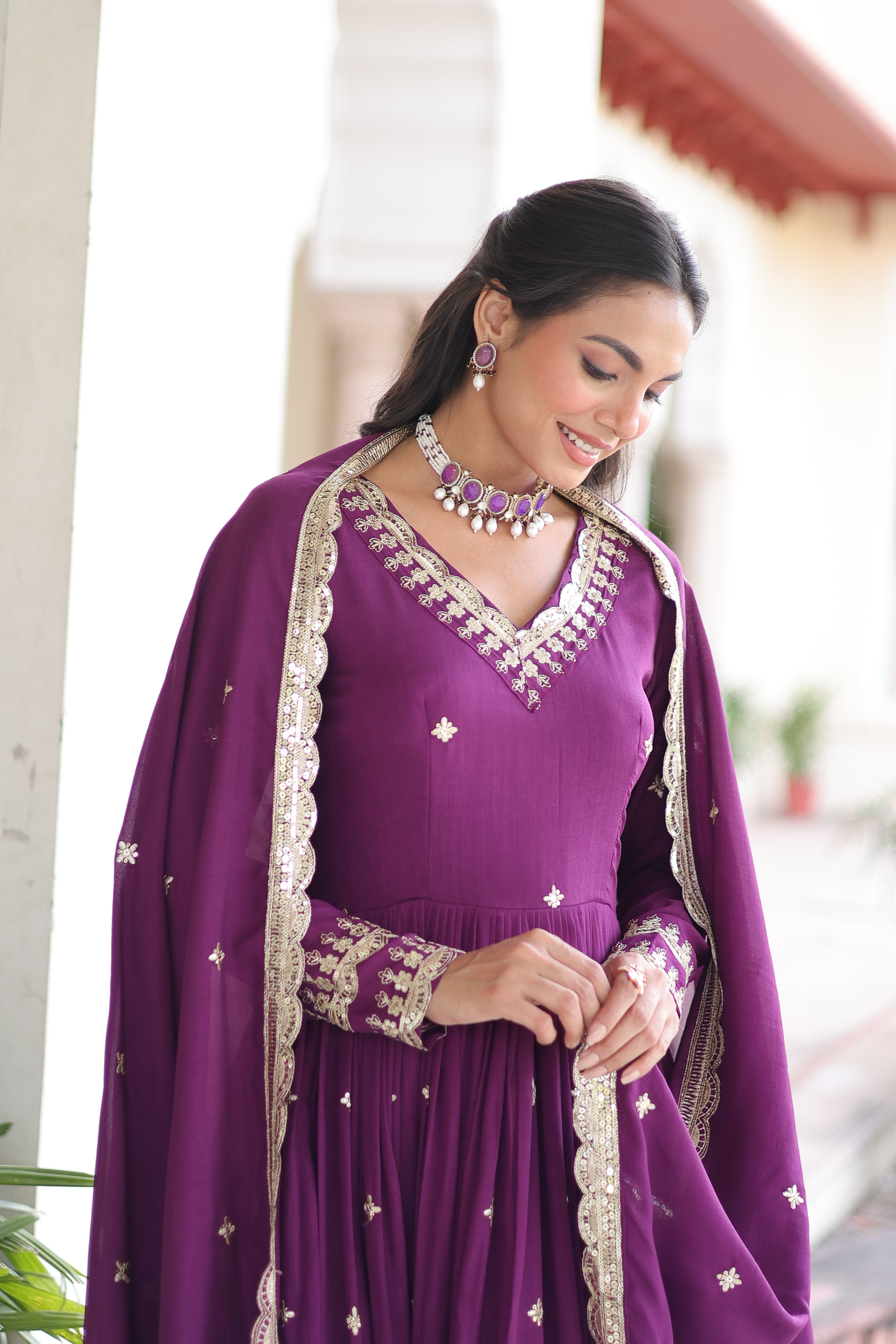 Tisara purple Vichitra silk gown with rich sequins embroidered work and dupatta