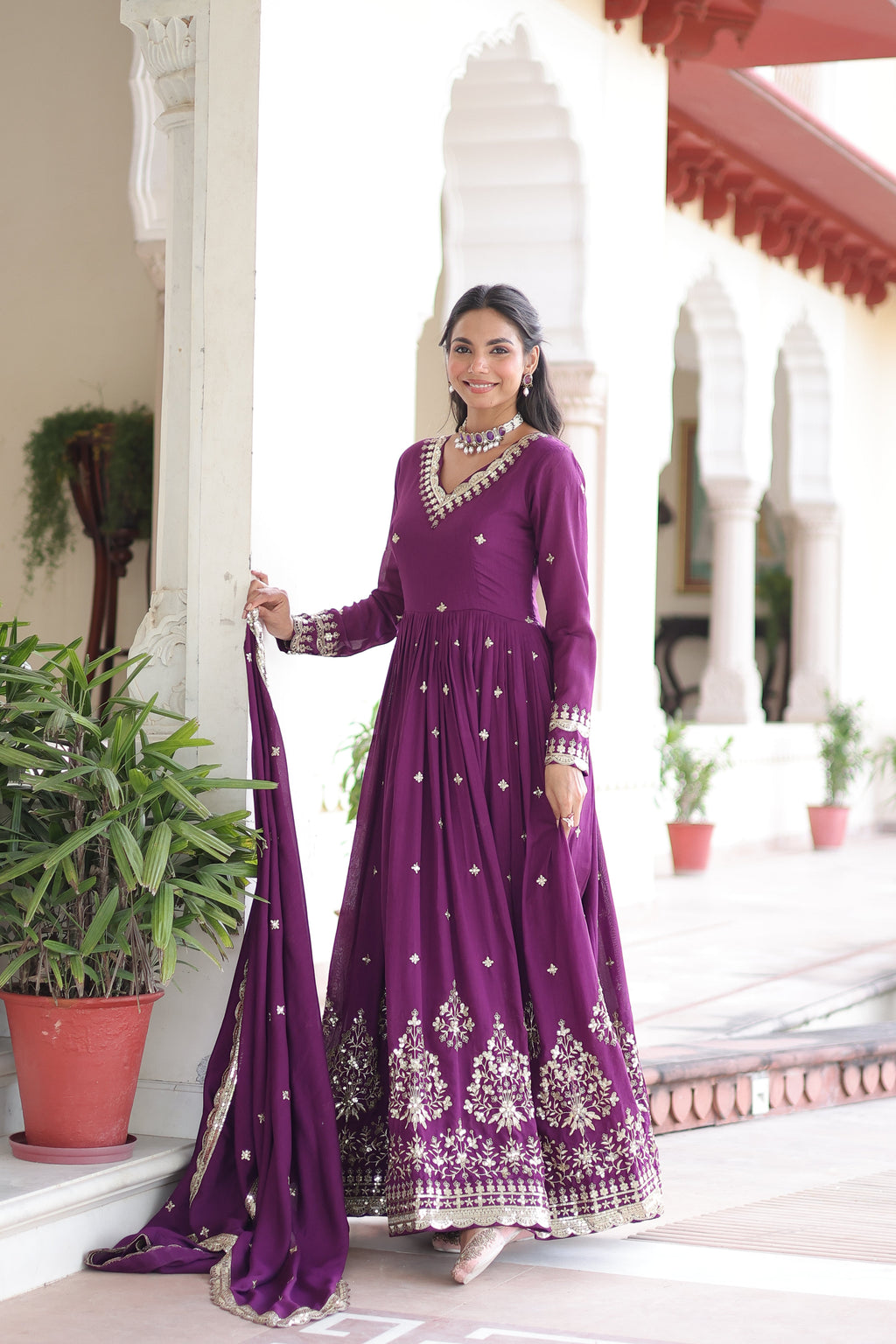 Tisara purple Vichitra silk gown with rich sequins embroidered work and dupatta