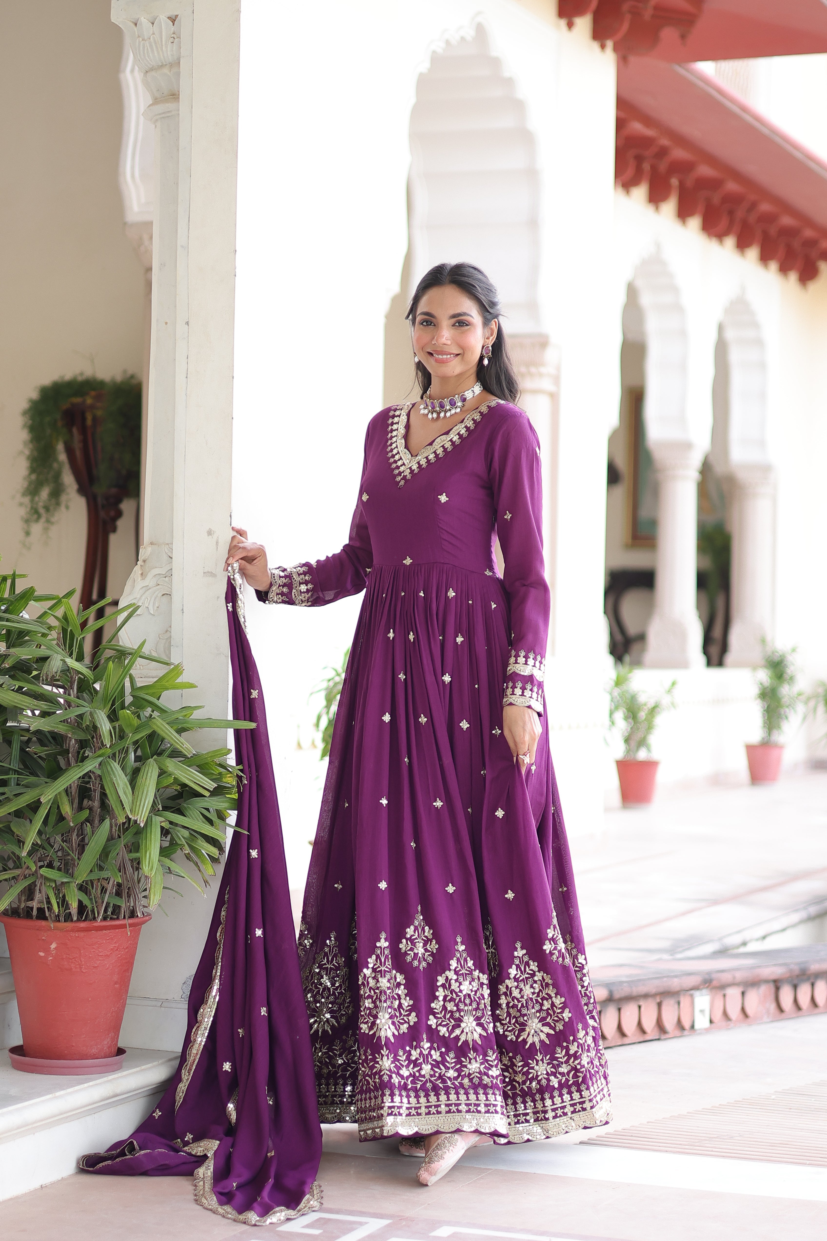 Tisara purple Vichitra silk gown with rich sequins embroidered work and dupatta