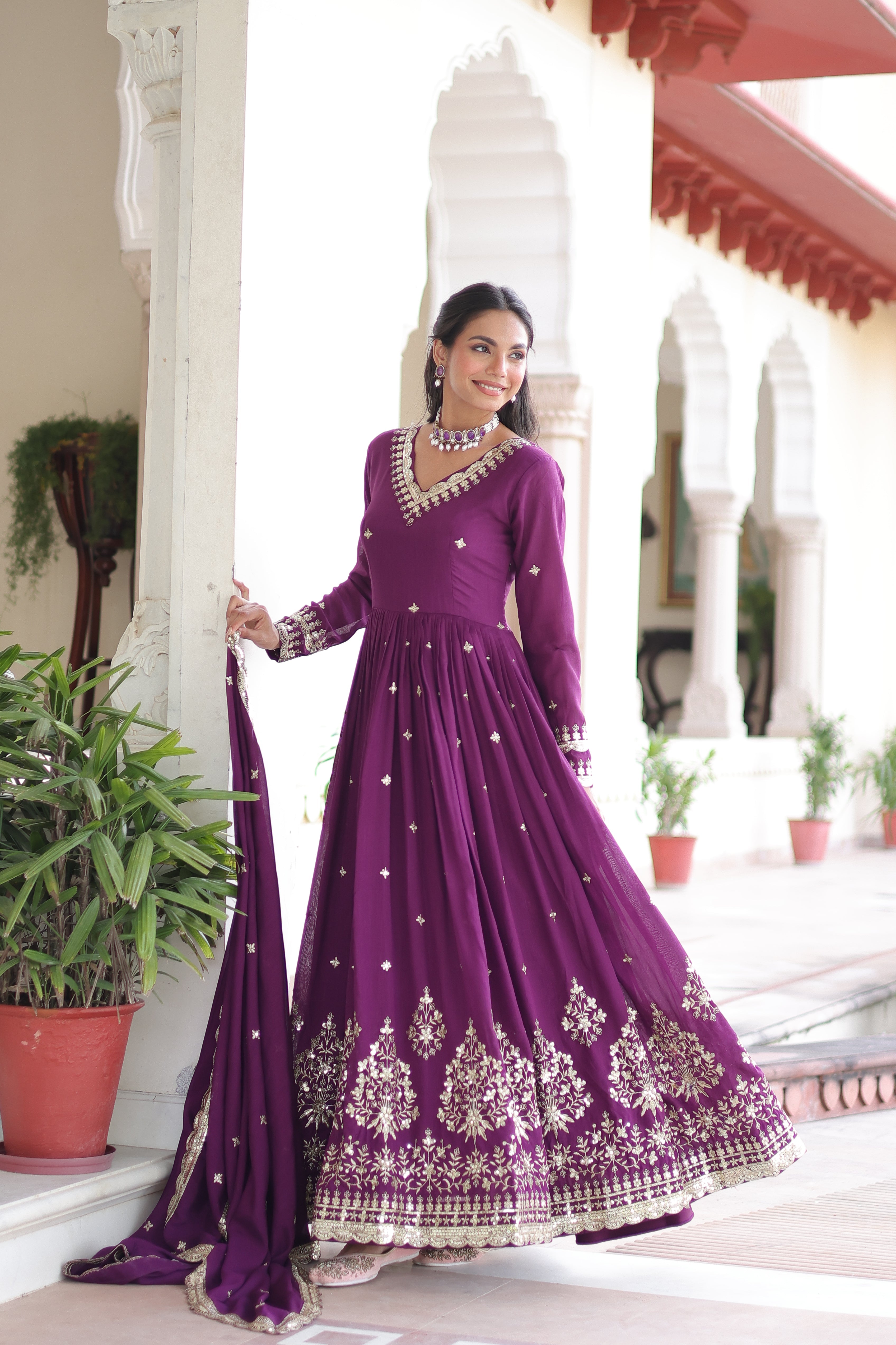 Tisara purple Vichitra silk gown with rich sequins embroidered work and dupatta