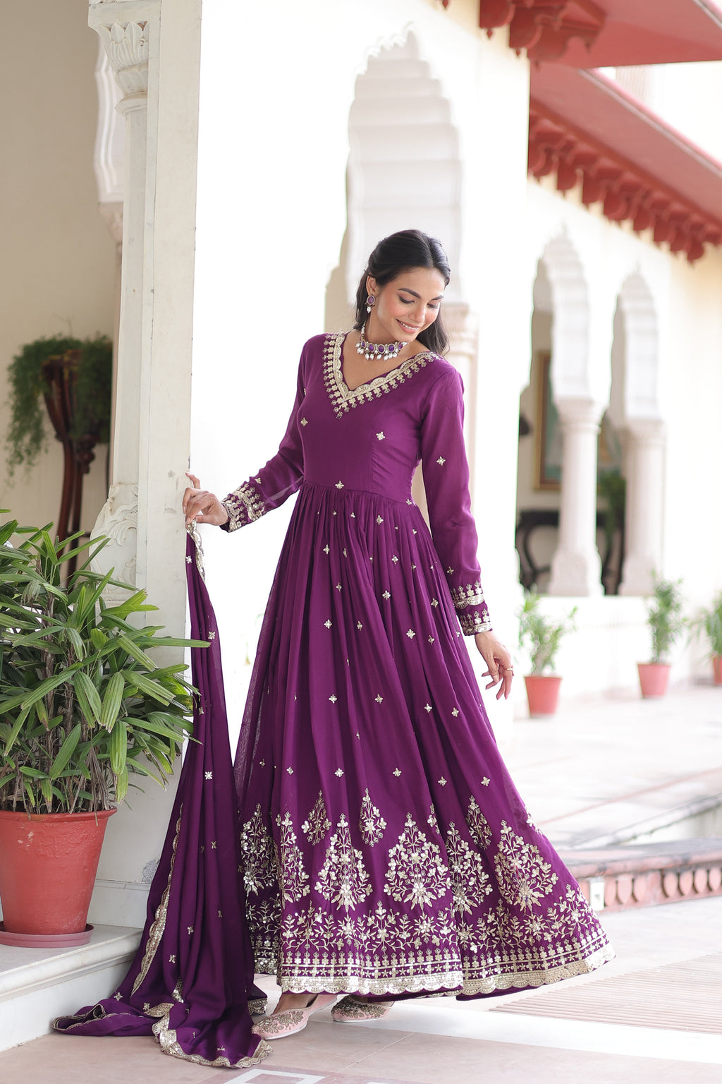 Tisara purple Vichitra silk gown with rich sequins embroidered work and dupatta