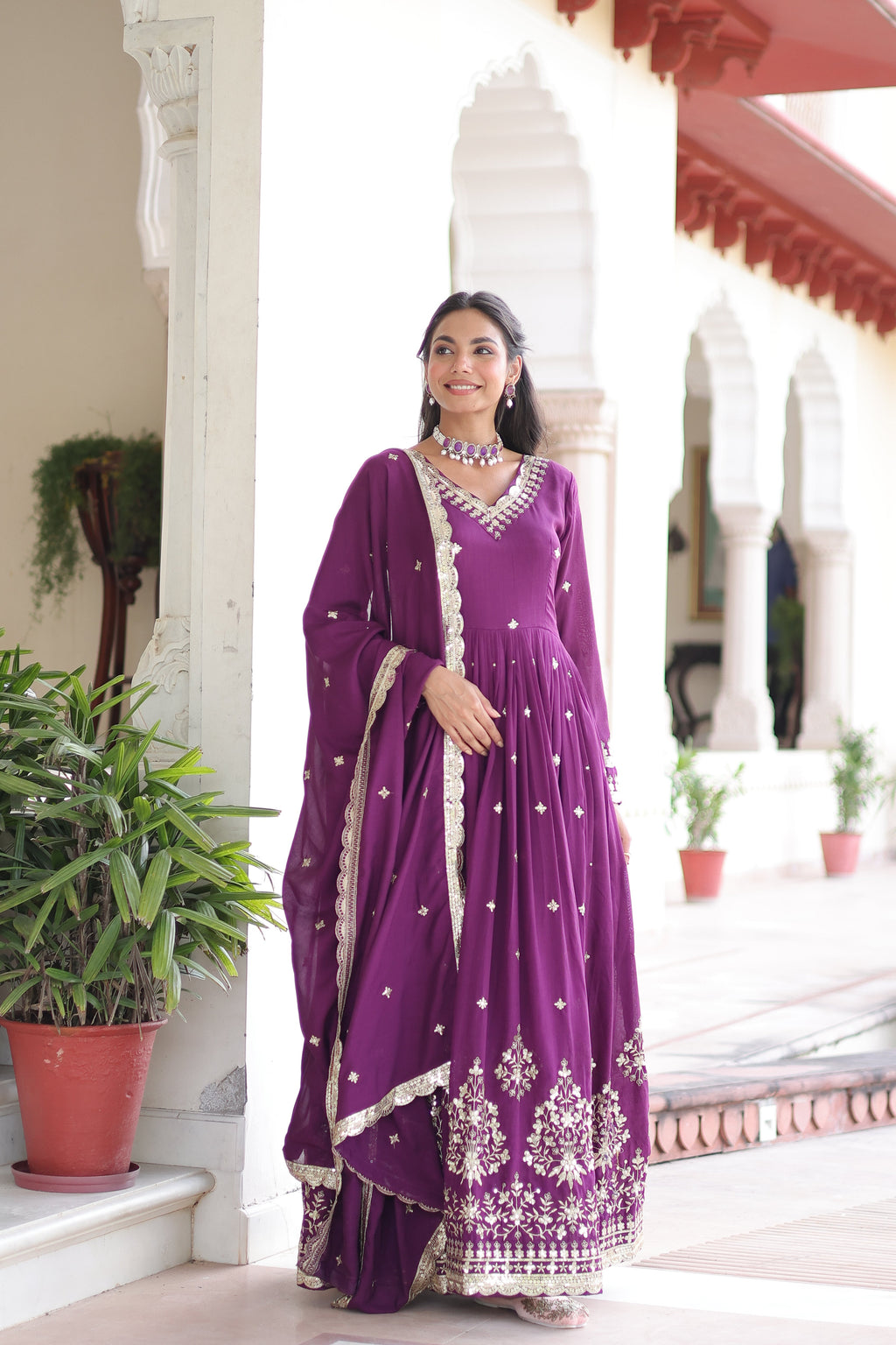 Tisara purple Vichitra silk gown with rich sequins embroidered work and dupatta