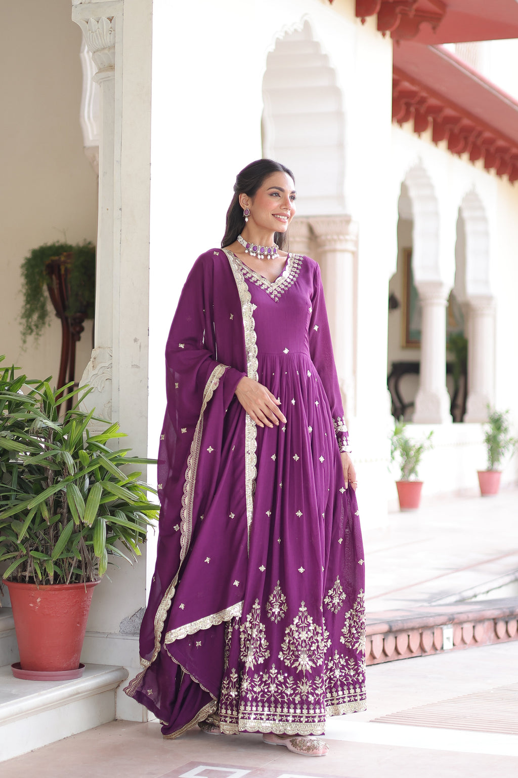 Tisara purple Vichitra silk gown with rich sequins embroidered work and dupatta