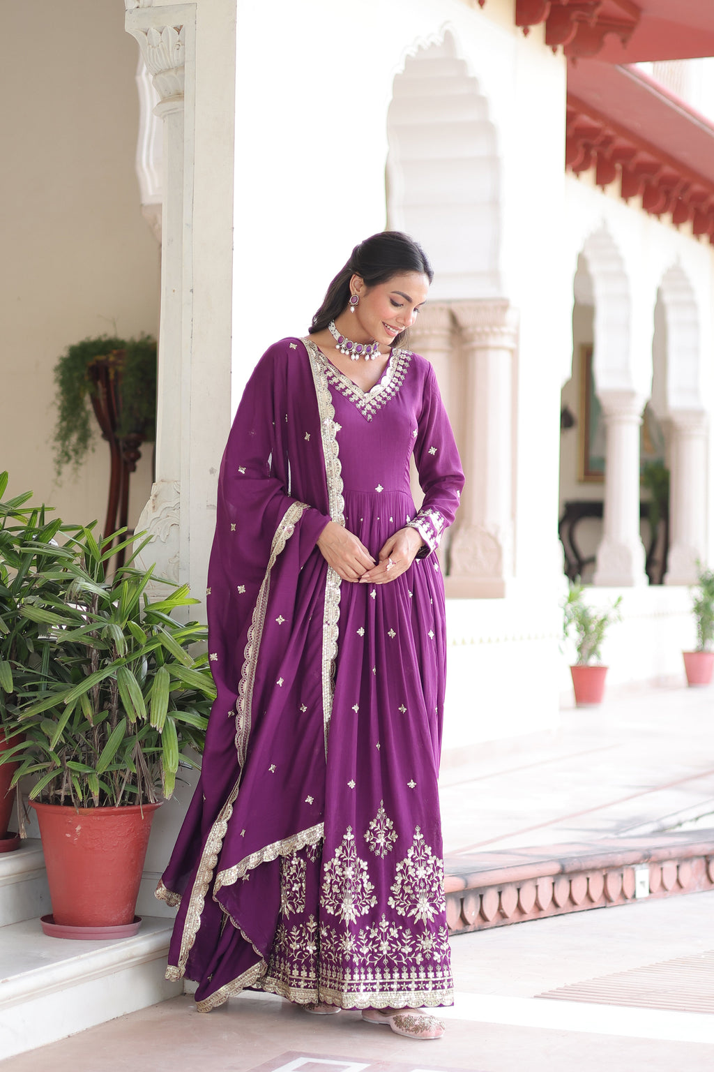 Tisara purple Vichitra silk gown with rich sequins embroidered work and dupatta