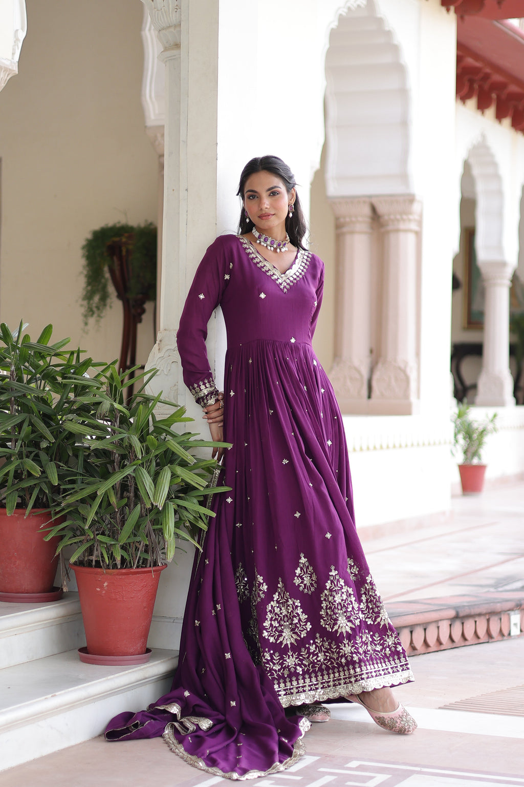 Tisara purple Vichitra silk gown with rich sequins embroidered work and dupatta