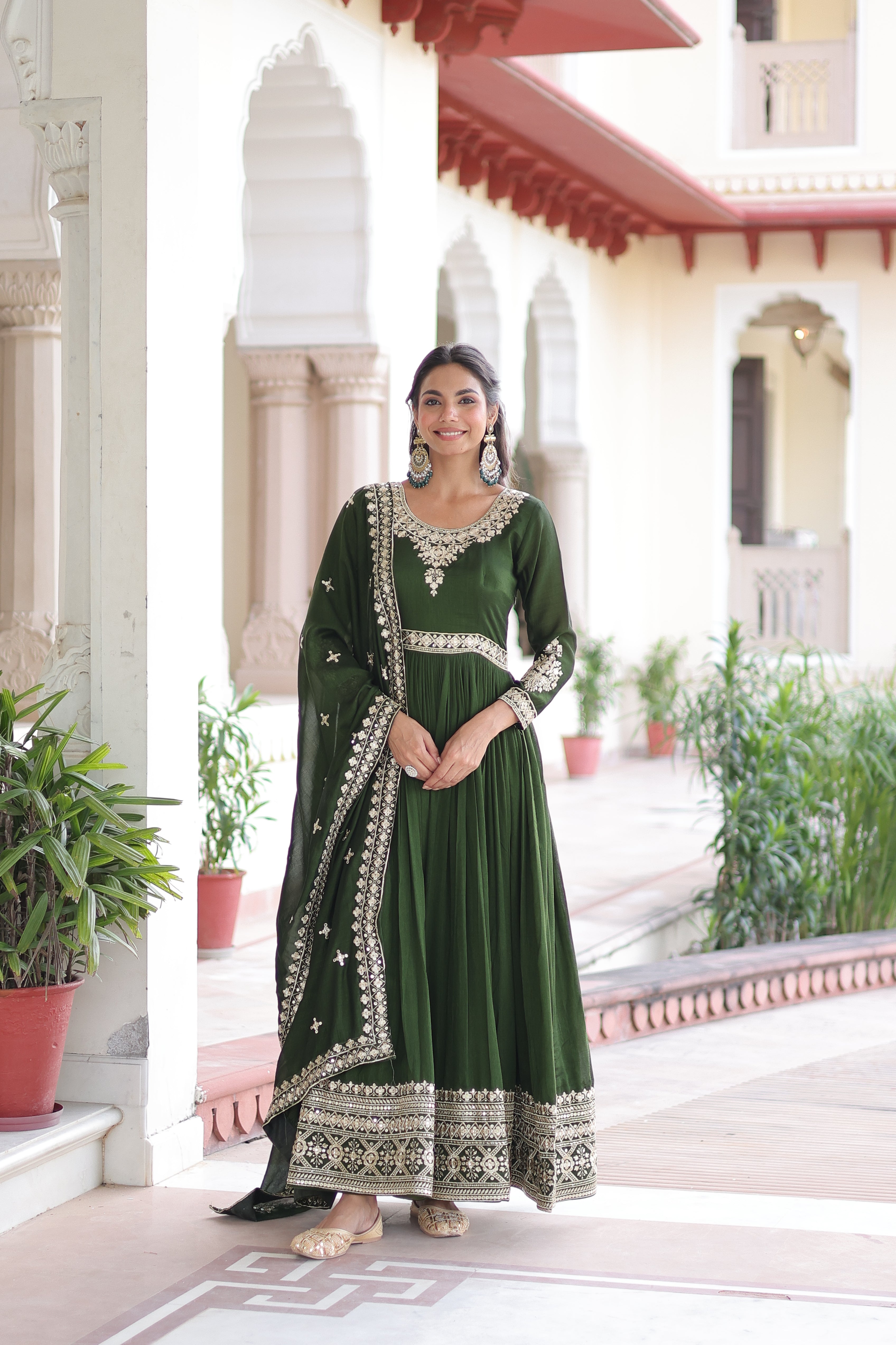 Ruvani green Vichitra silk gown with rich sequins embroidered work and dupatta