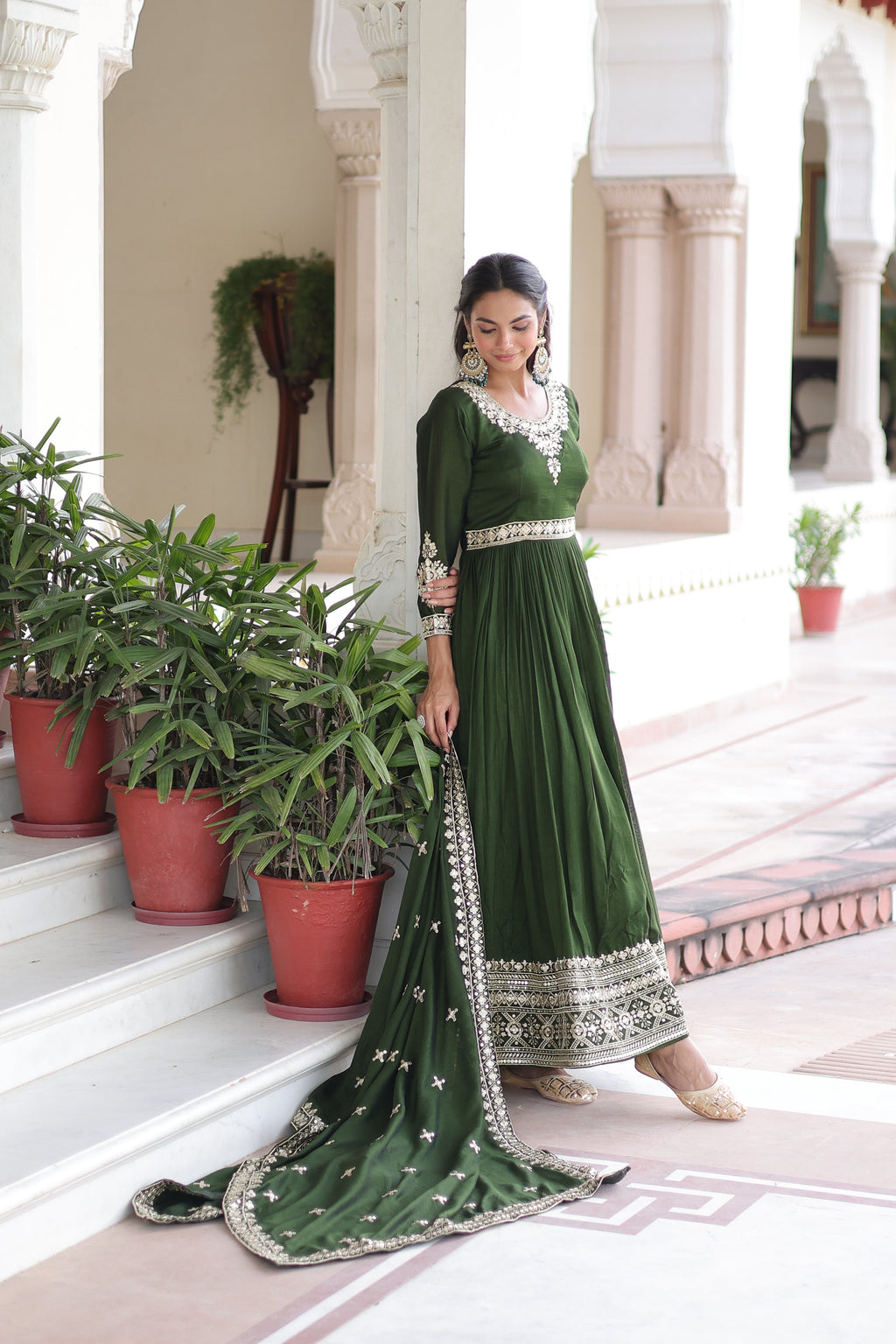 Ruvani green Vichitra silk gown with rich sequins embroidered work and dupatta